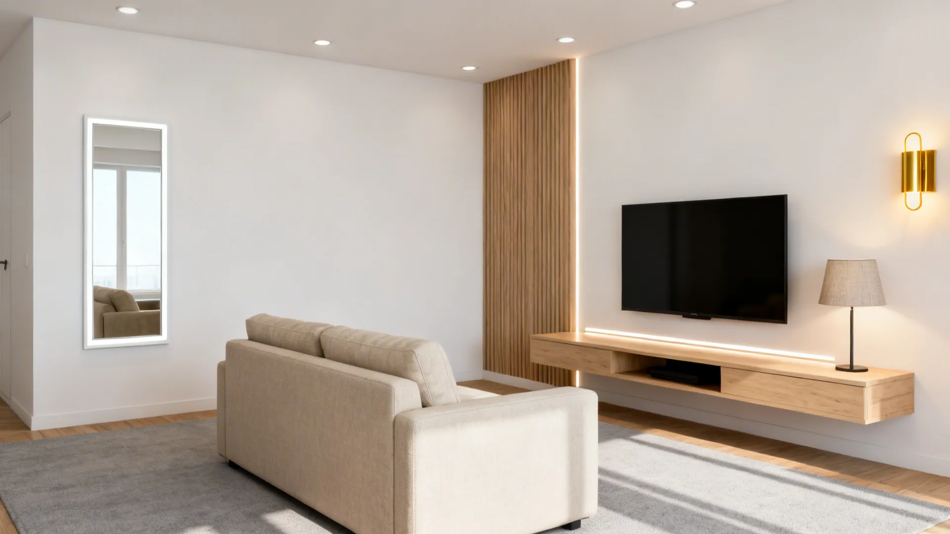 Illustrative small living room showing ideal sofa size, circulation space, mirror and layered lighting for FAQ guidance