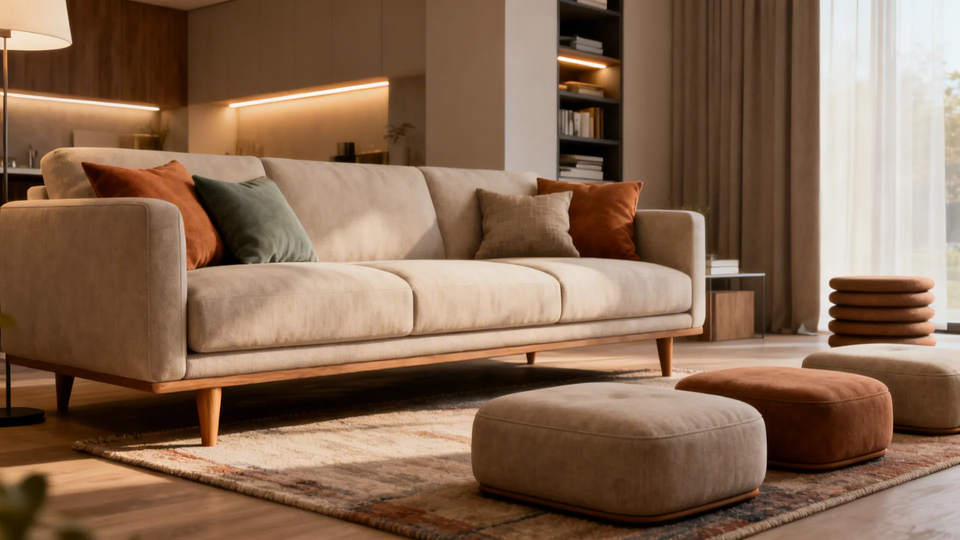 Vignette showing rug placement, ottomans, layered lighting and hidden storage for shared living rooms.