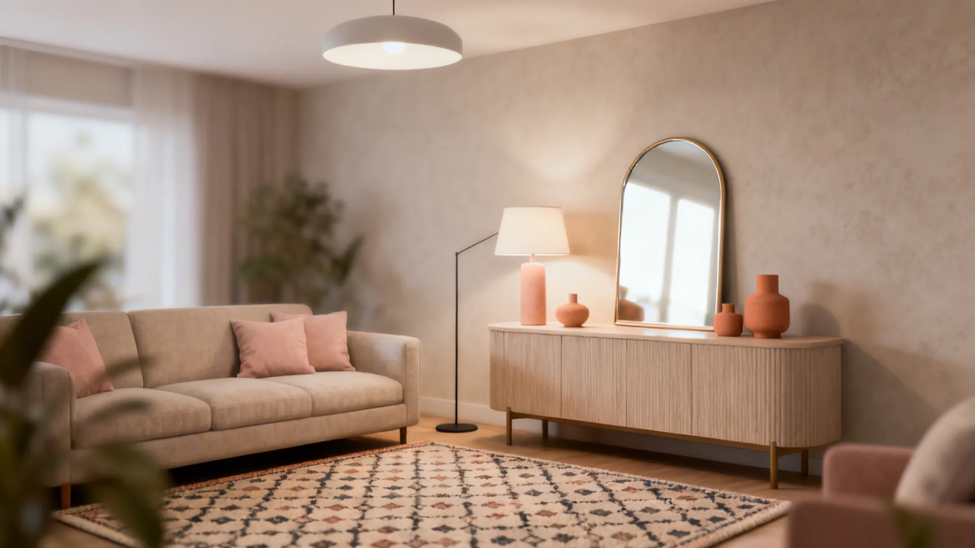 Beige living room with sofa, pink pillows, patterned rug, wooden cabinet, mirror and ceiling light