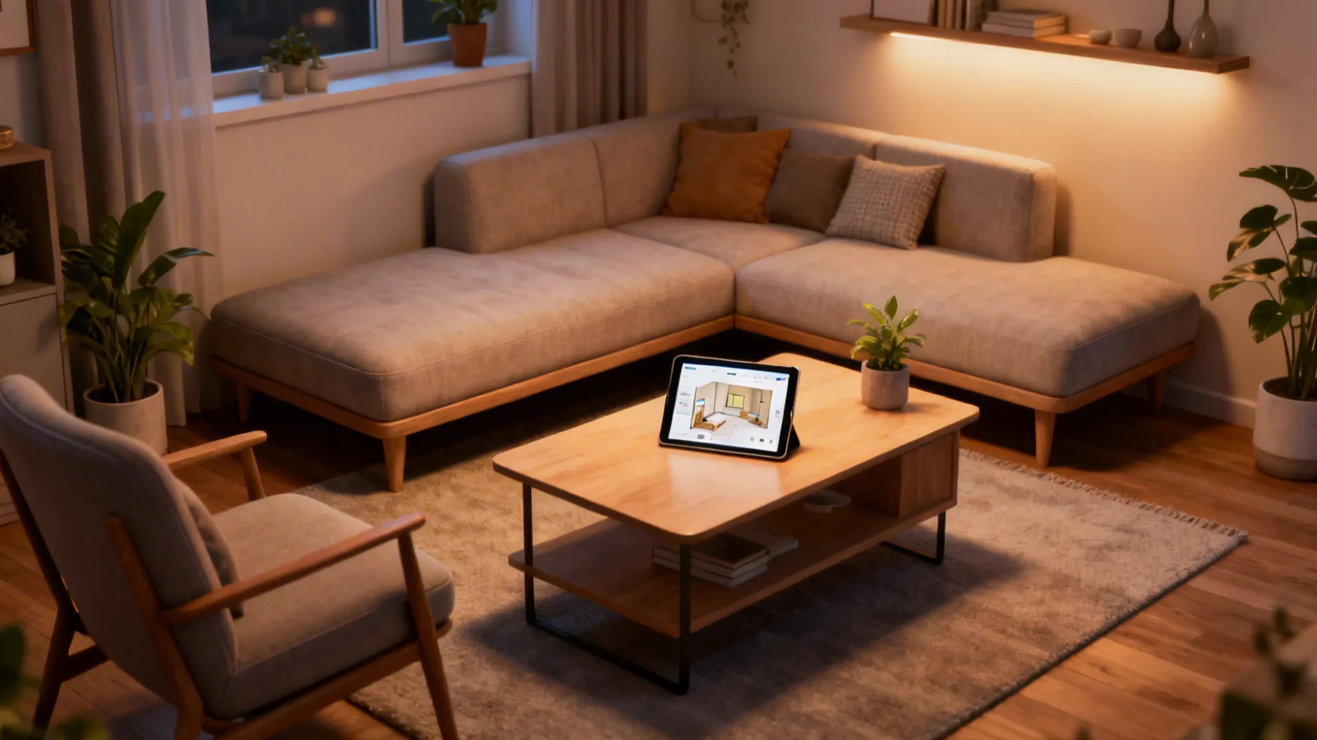 Small living room vignette showing chaise sectional, slim sofa, and a tablet with room planner.