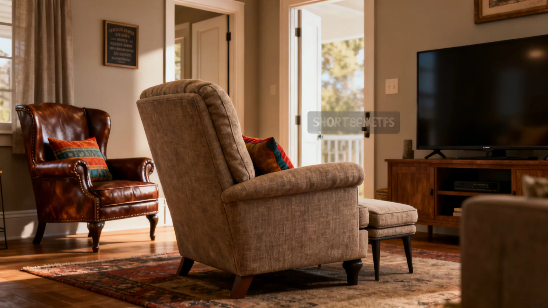 Living room vignette showing fabric lounge chair by TV and leather chair near entry to illustrate FAQ answers
