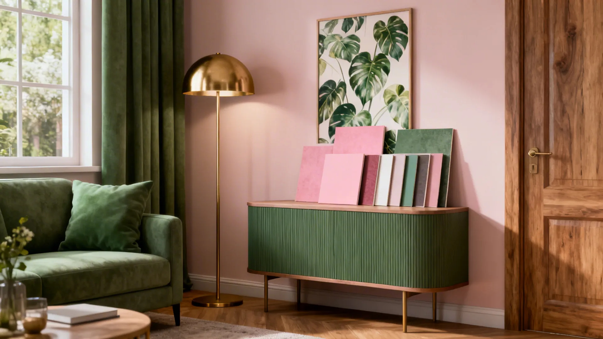 Interior vignette showing pink and green pairing, wood tones, and botanical accents.