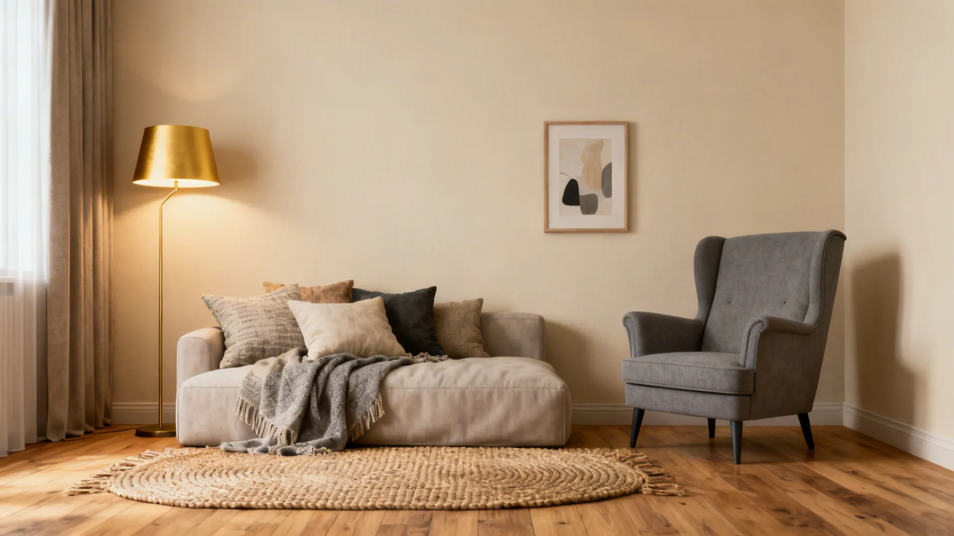 Small living room vignette showing layered neutrals, lighting, and a gray accent piece