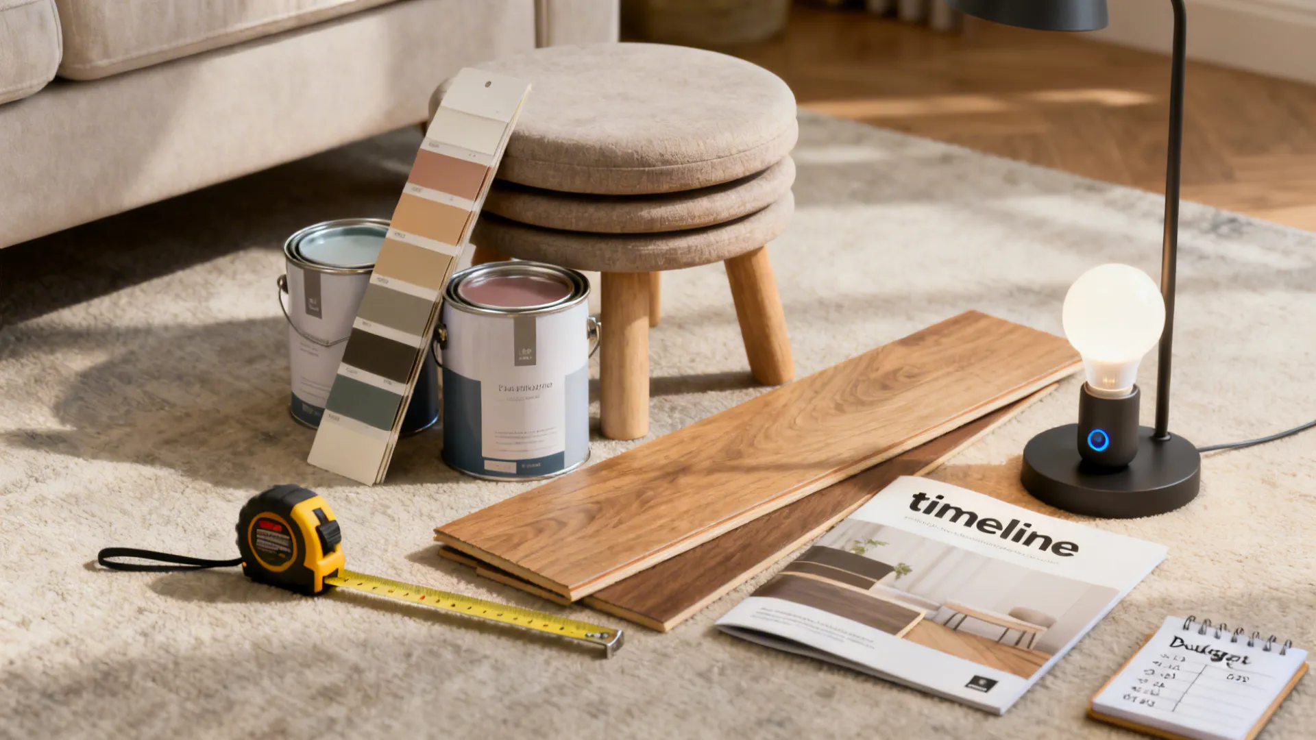 Vignette of paint swatches, flooring sample, tape measure, and a lamp illustrating planning and FAQs.