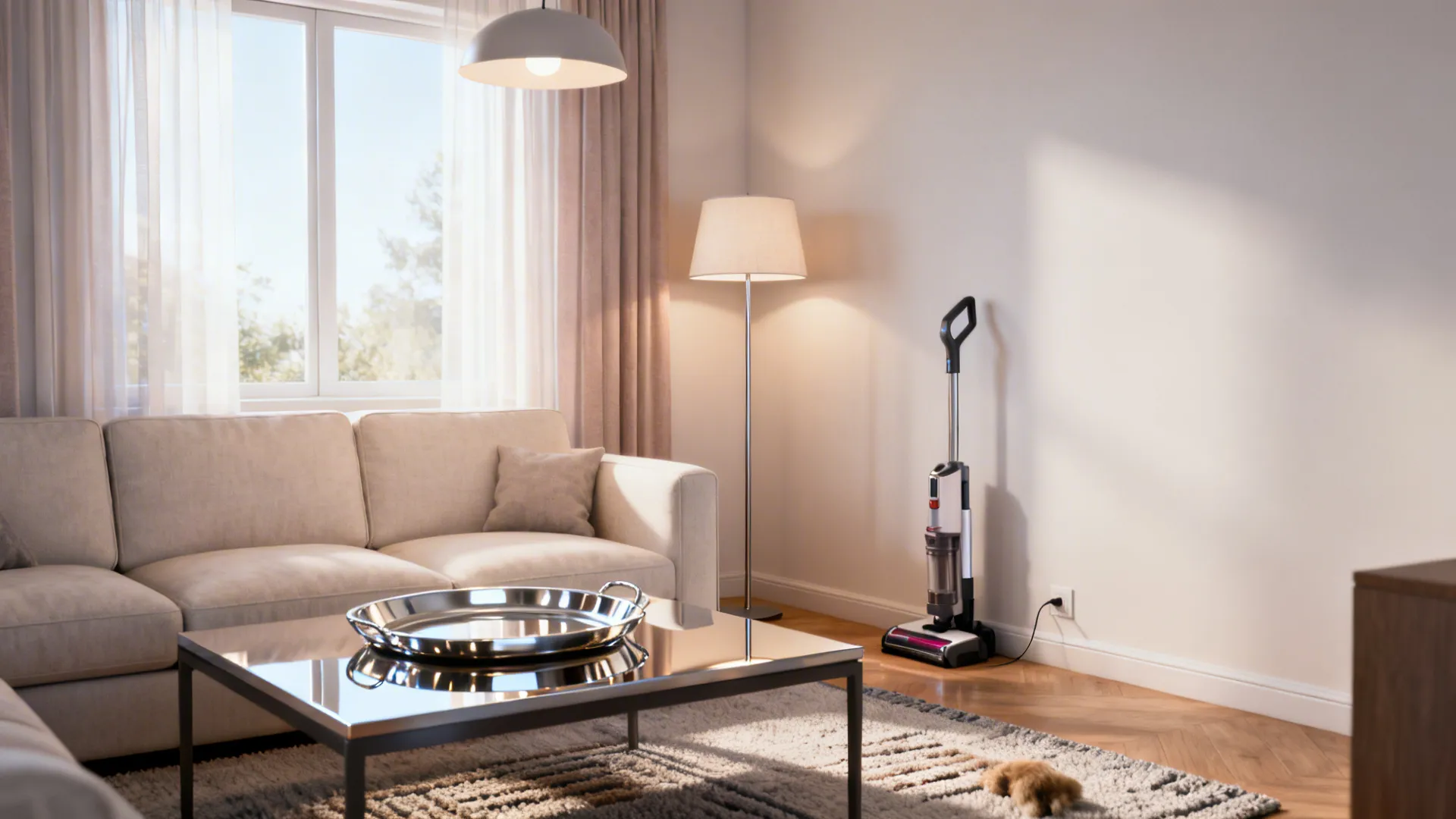 Living room vignette showing reflective surfaces, light upholstery, and layered lighting to balance a black rug
