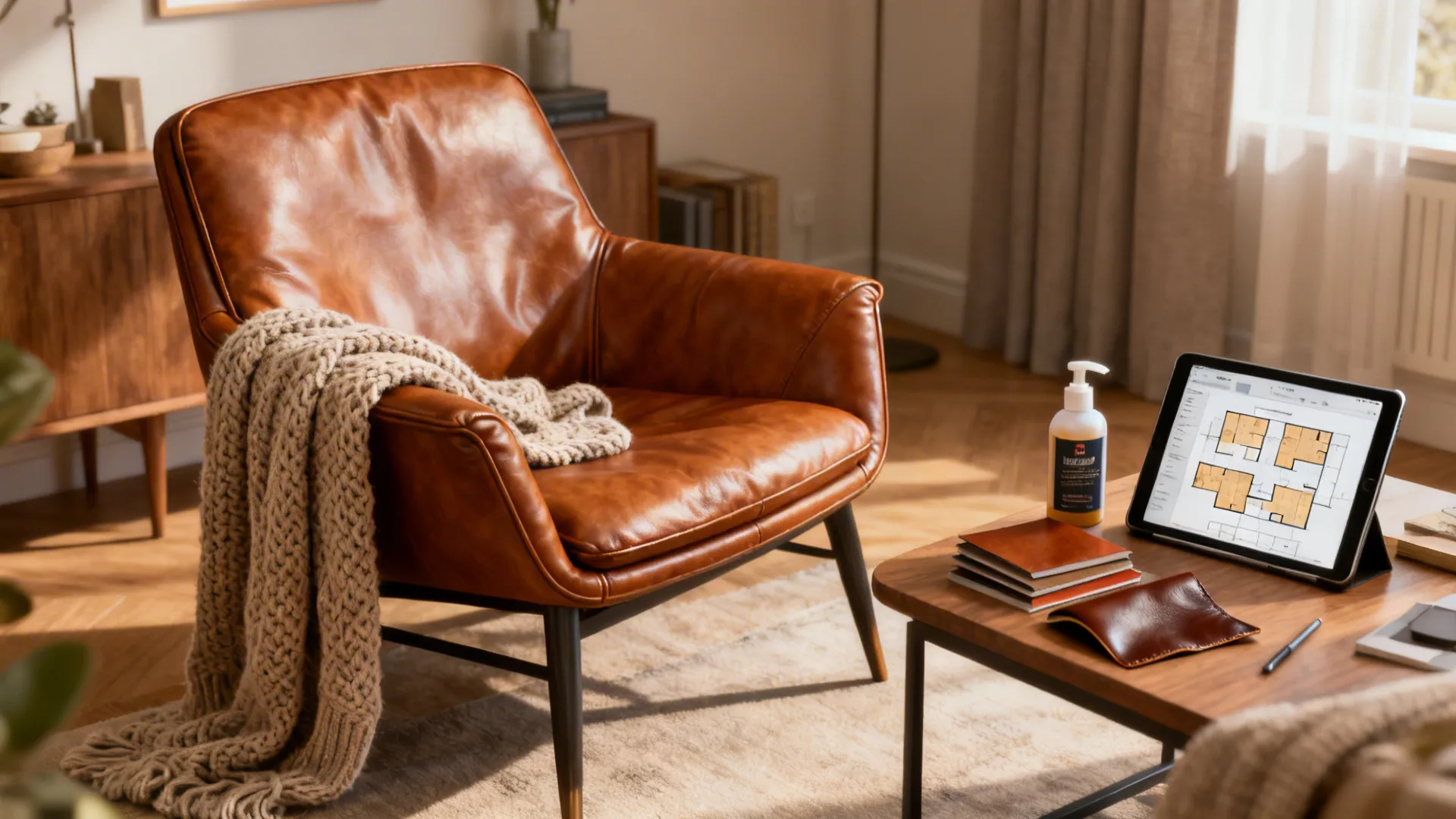 Brown leather armchair with knit blanket next to wooden table showing digital floor plan tablet