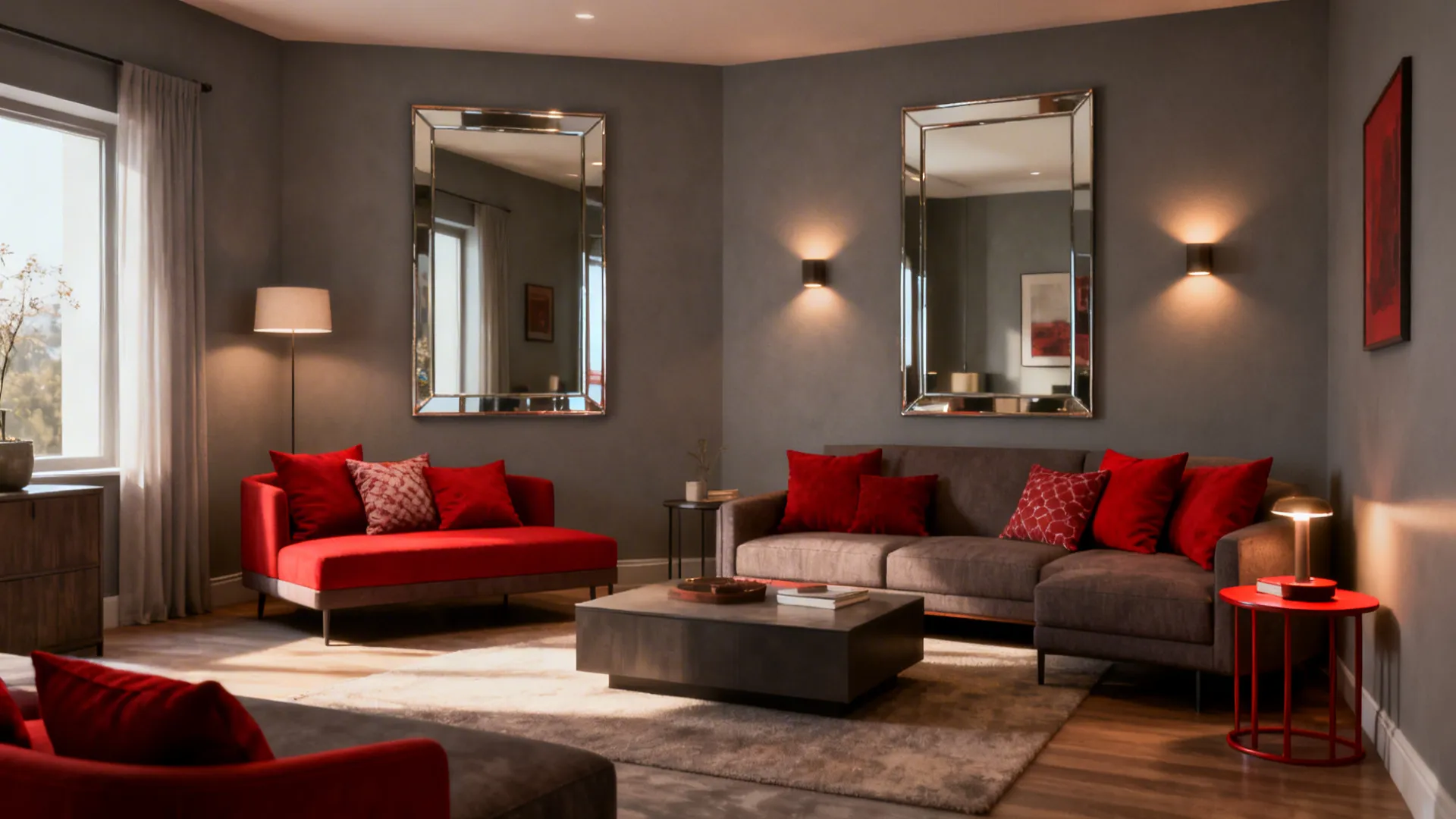 Small living room staged to answer FAQs about using red, grey and black.