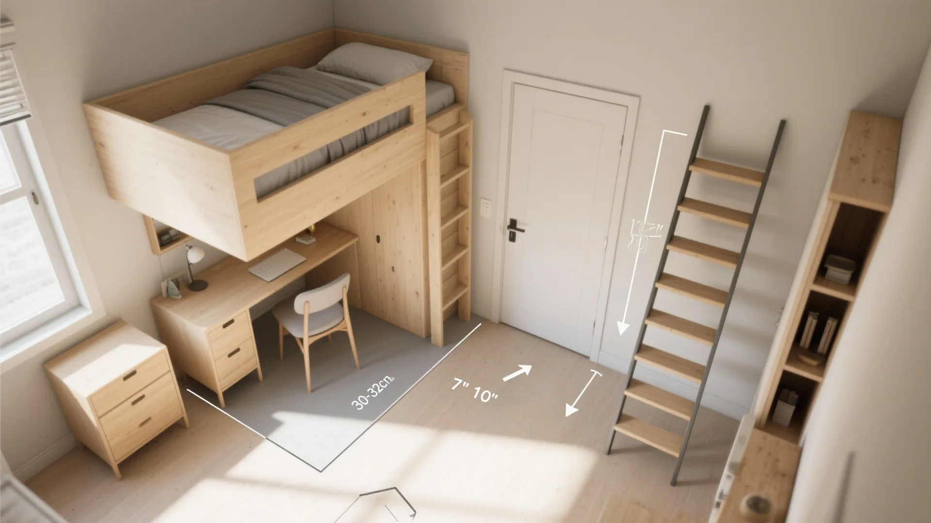 Top-down view of a small room layout: loft bed, under-desk, clear walkway, door swing and ladder/stairs options.