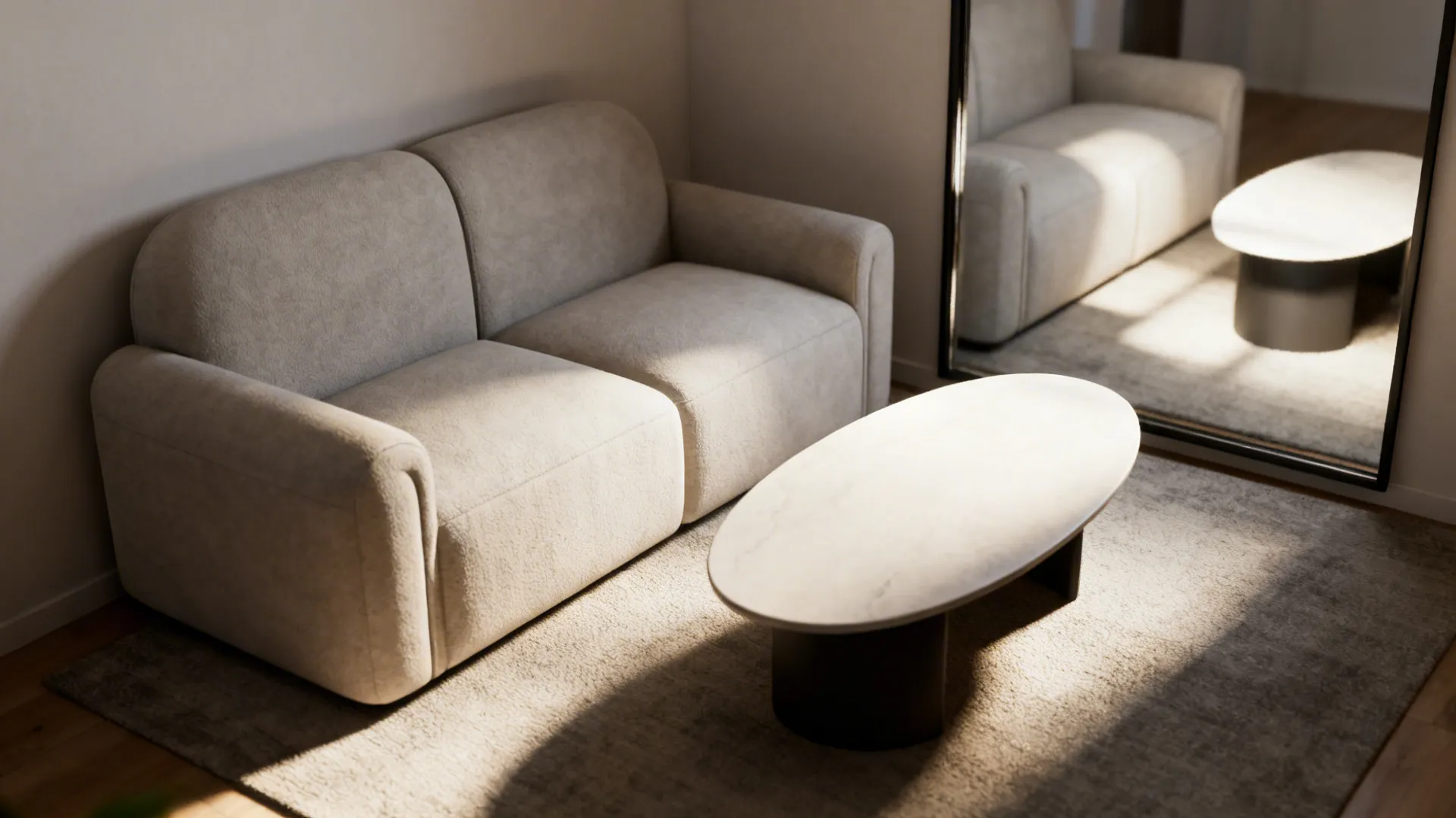 Compact loveseat with an oval coffee table and wall mirror reflecting light in a small living room corner.