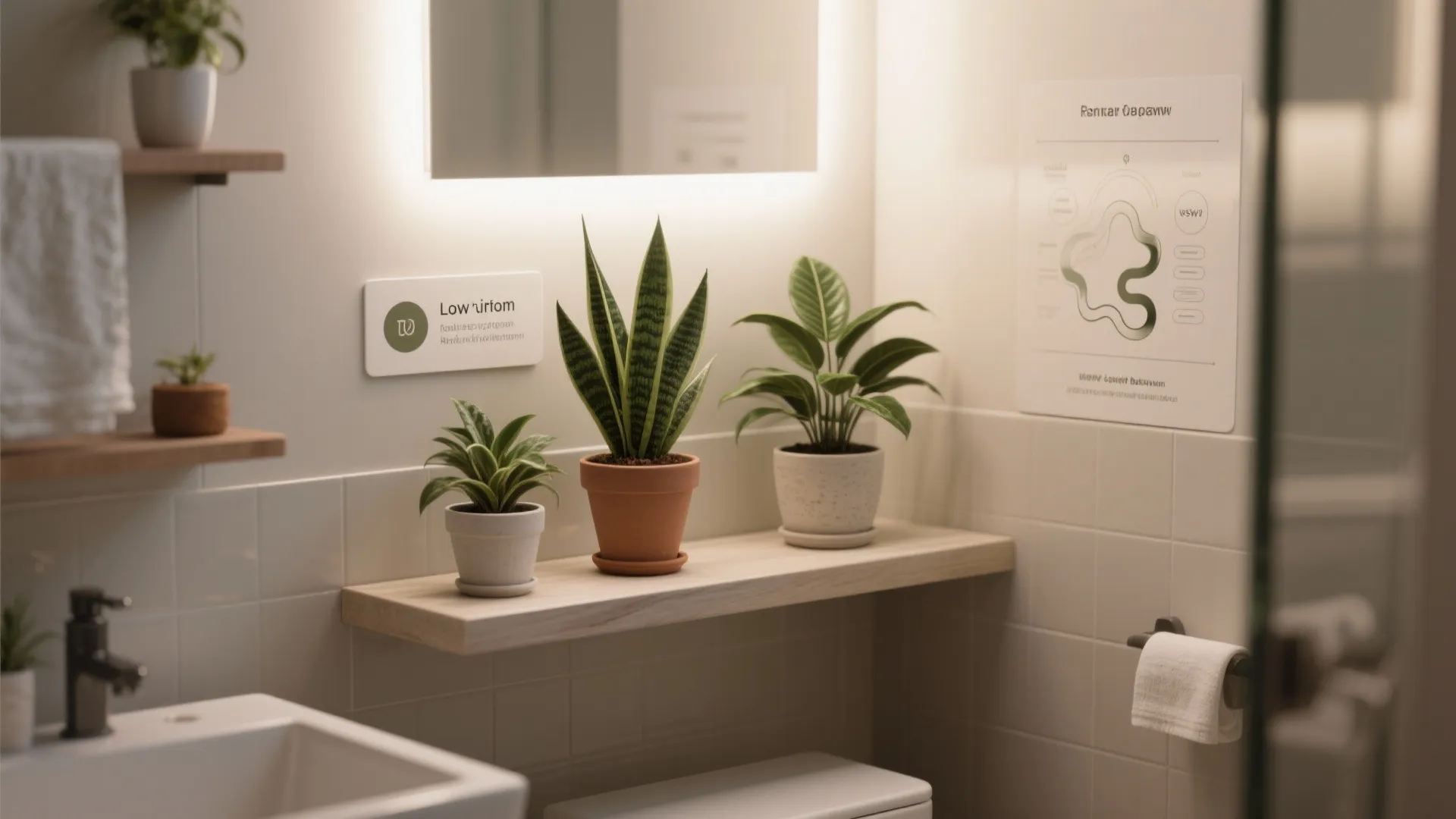 Three small potted plants sitting on wooden shelf in modern bathroom with white tiled wall