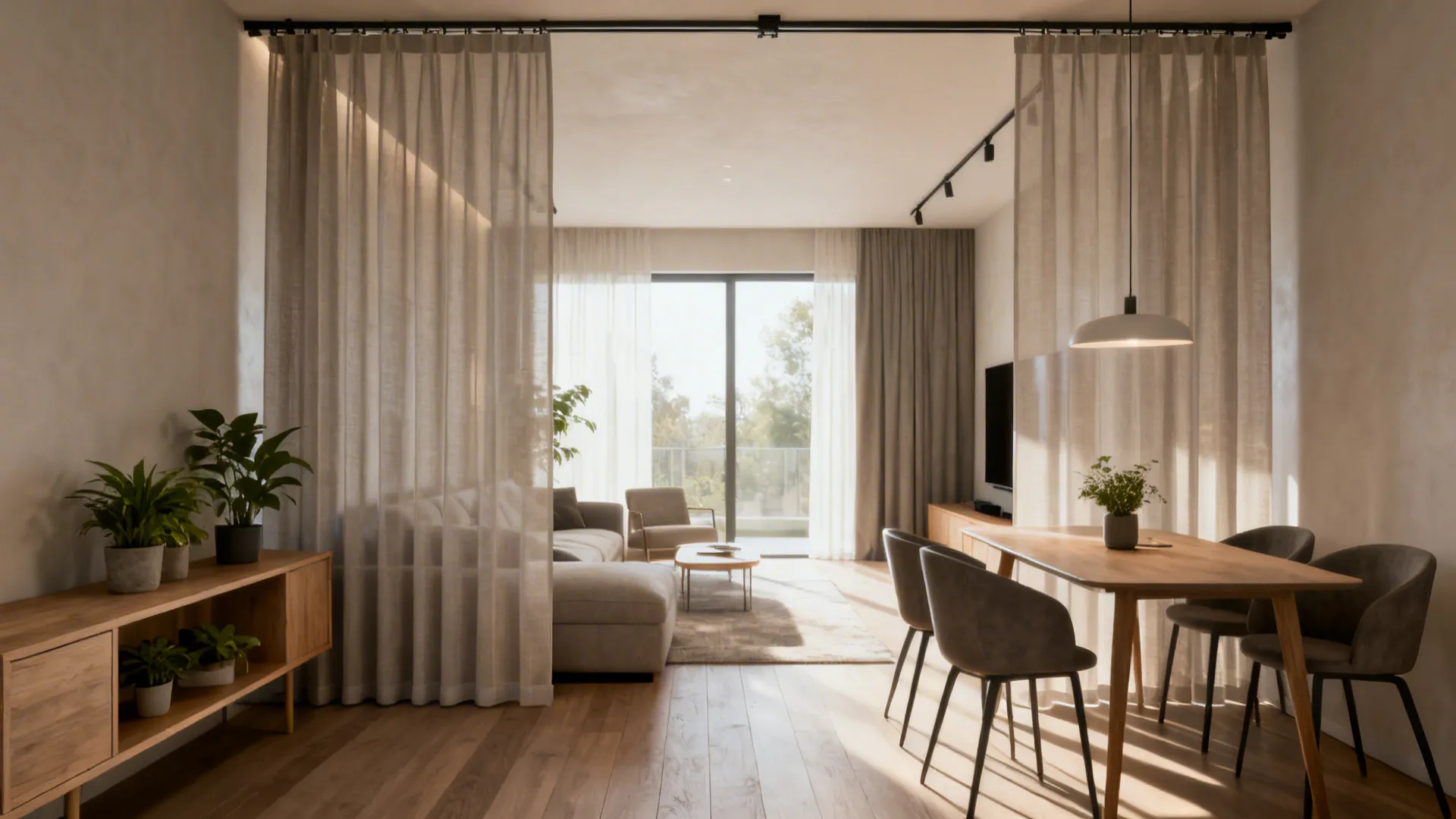 Compact living-dining with sheers, a low credenza, and open shelves for simple partition ideas.