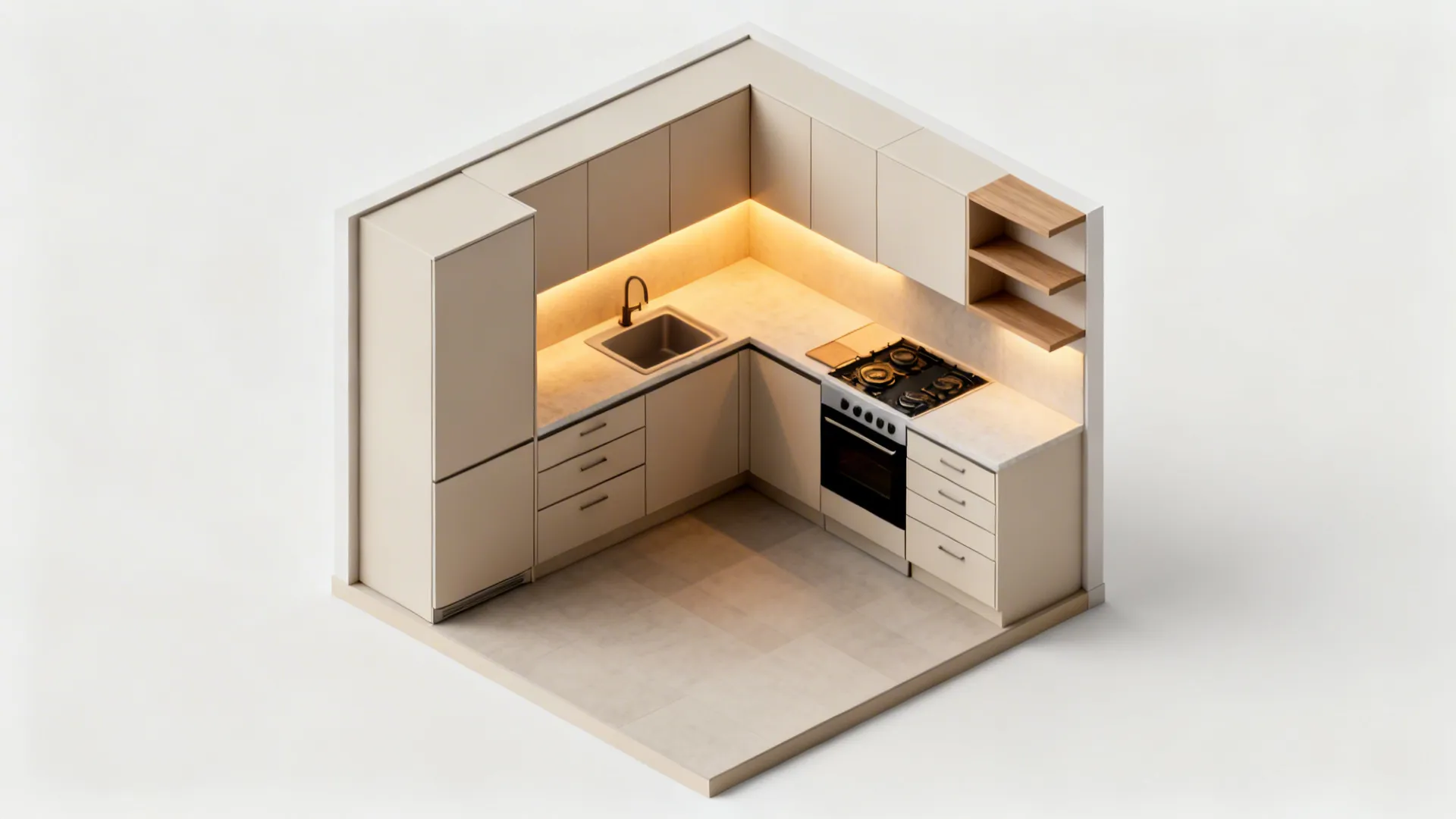 Top-down vignette of an L-shaped tiny kitchen with tall storage, drawers, and open shelves on the short wall.