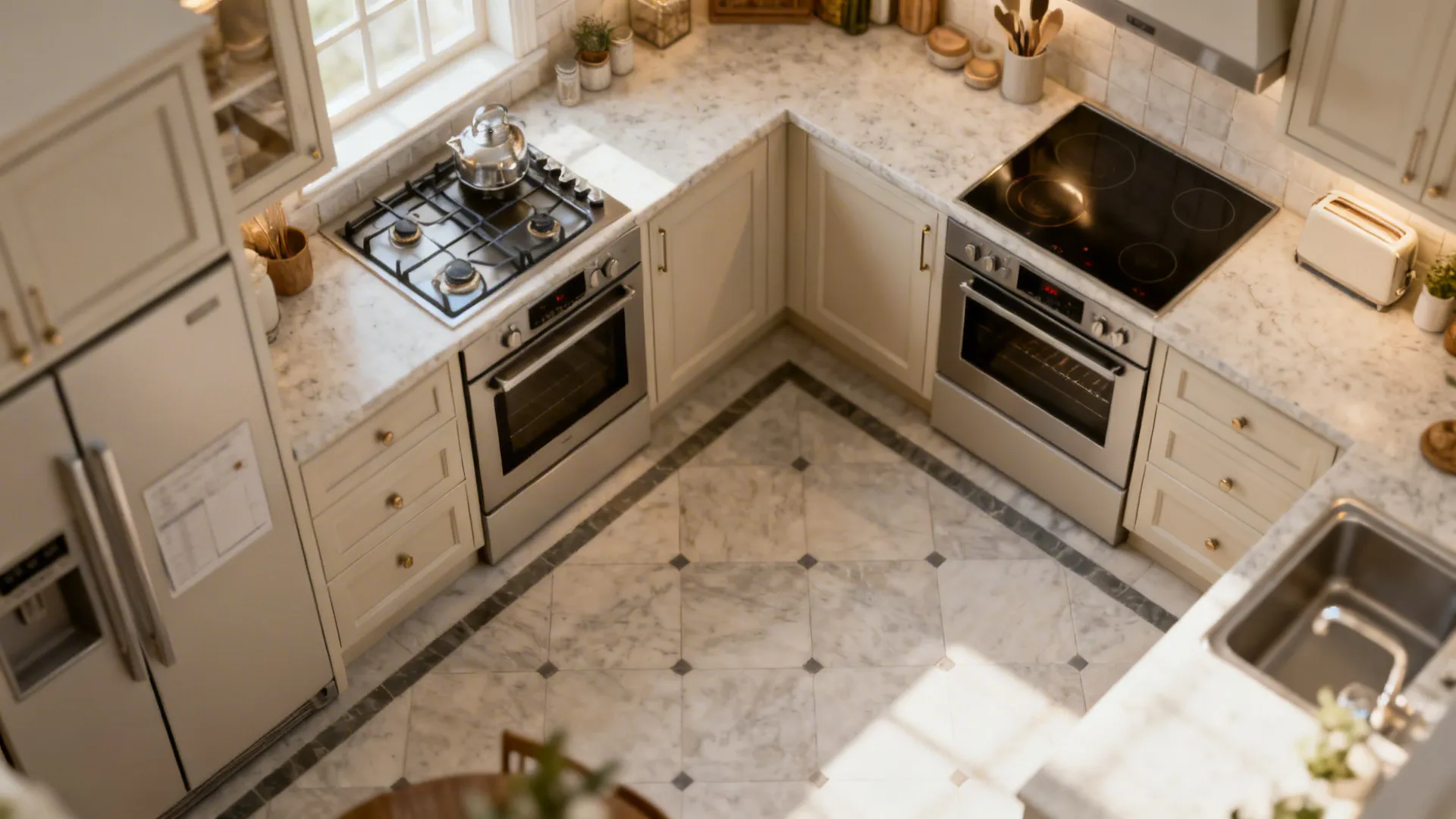 Top-down L-shaped small kitchen plan showing clearances and integrated appliances.