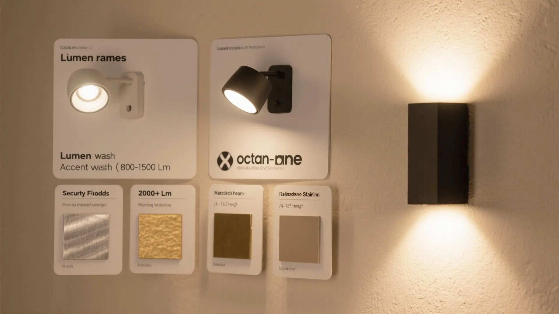 Display of modern wall lights and material finish samples showing different textures and lighting effects
