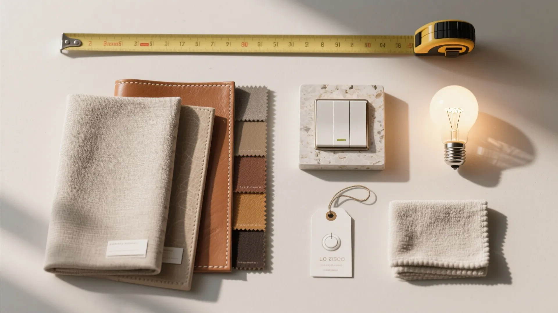 Top-down toolkit with swatches, stone, bulbs, dimmer, and tape measure for evaluating quality at home.