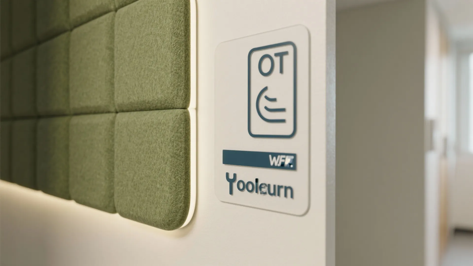 Close up of a room sign on a white wall next to green wall panels