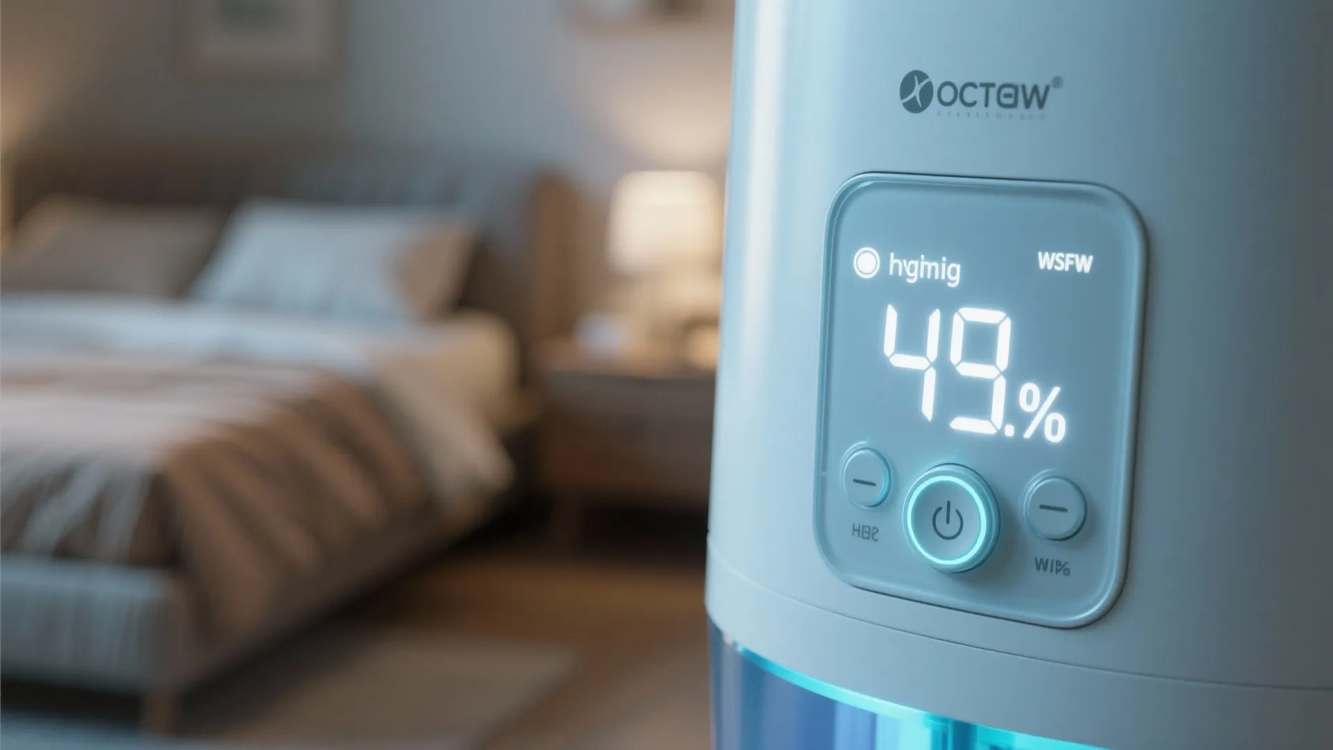 Digital screen on a white humidifier showing forty nine percent humidity level in blurred bedroom