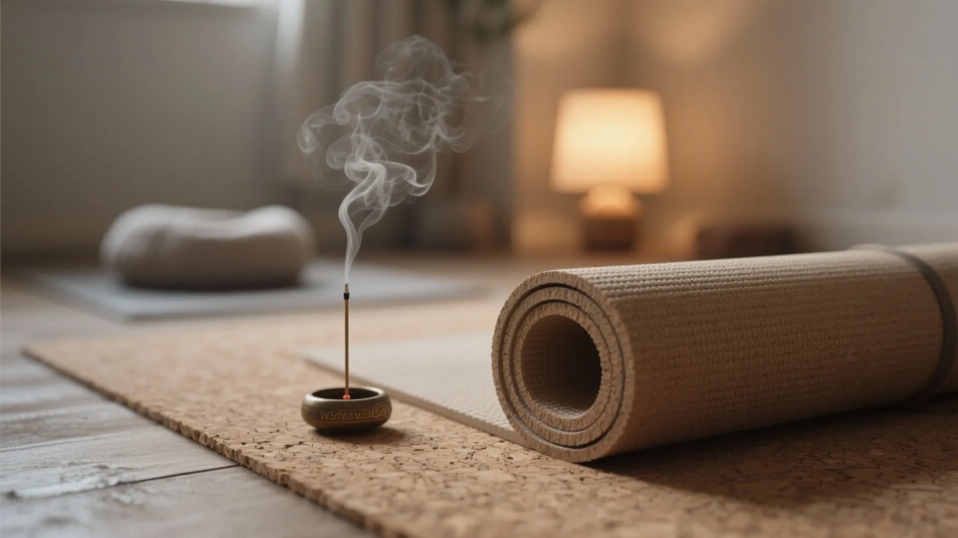 Rolled yoga mat on cork floor with burning incense smoke and warm light in background