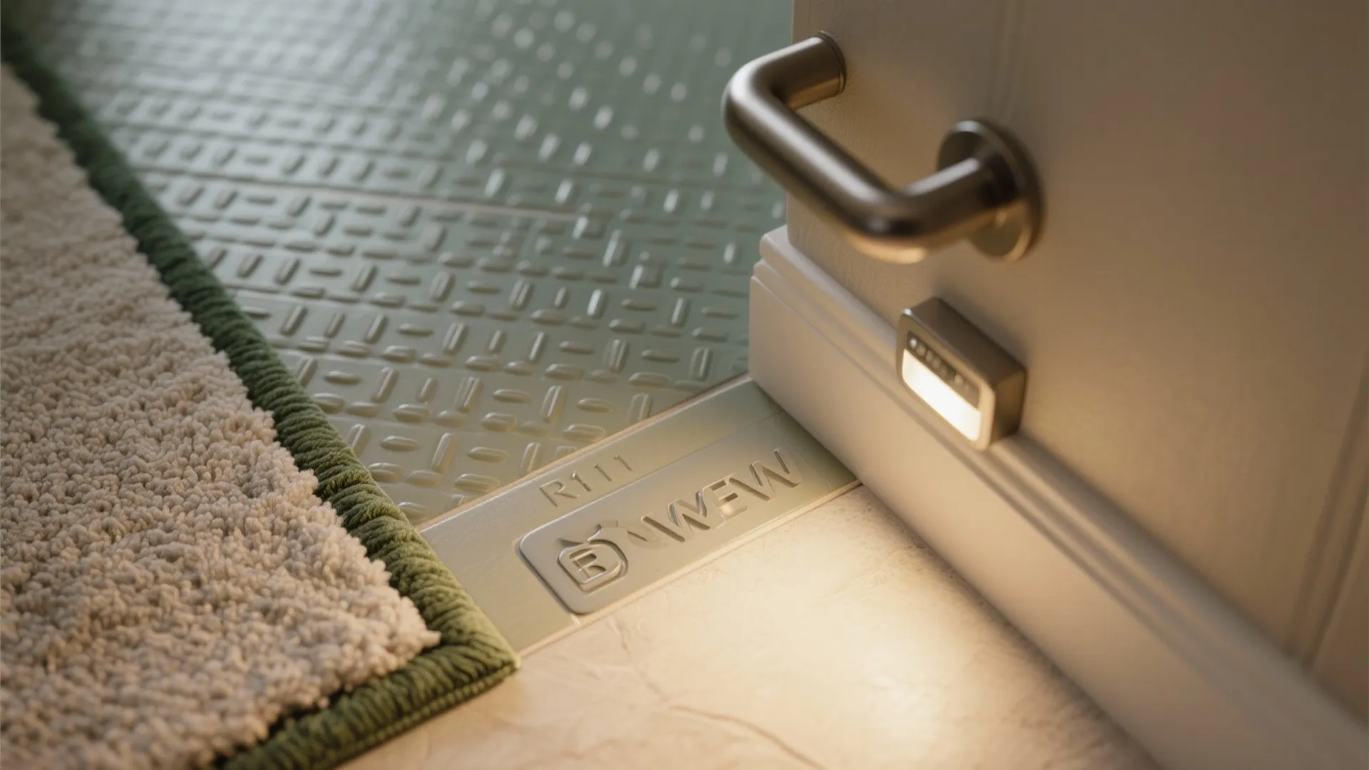 Close-up of a doorway with a safety light and a green textured non-slip floor mat