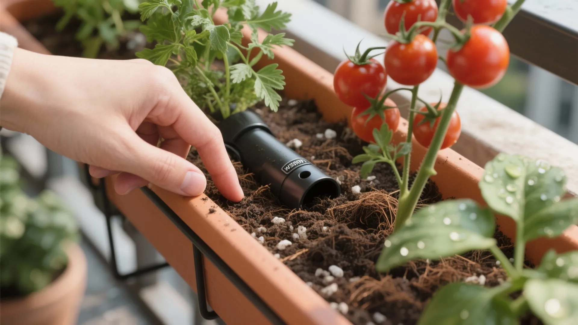 Close up of person checking soil moisture level in a brown planter box with red tomatoes