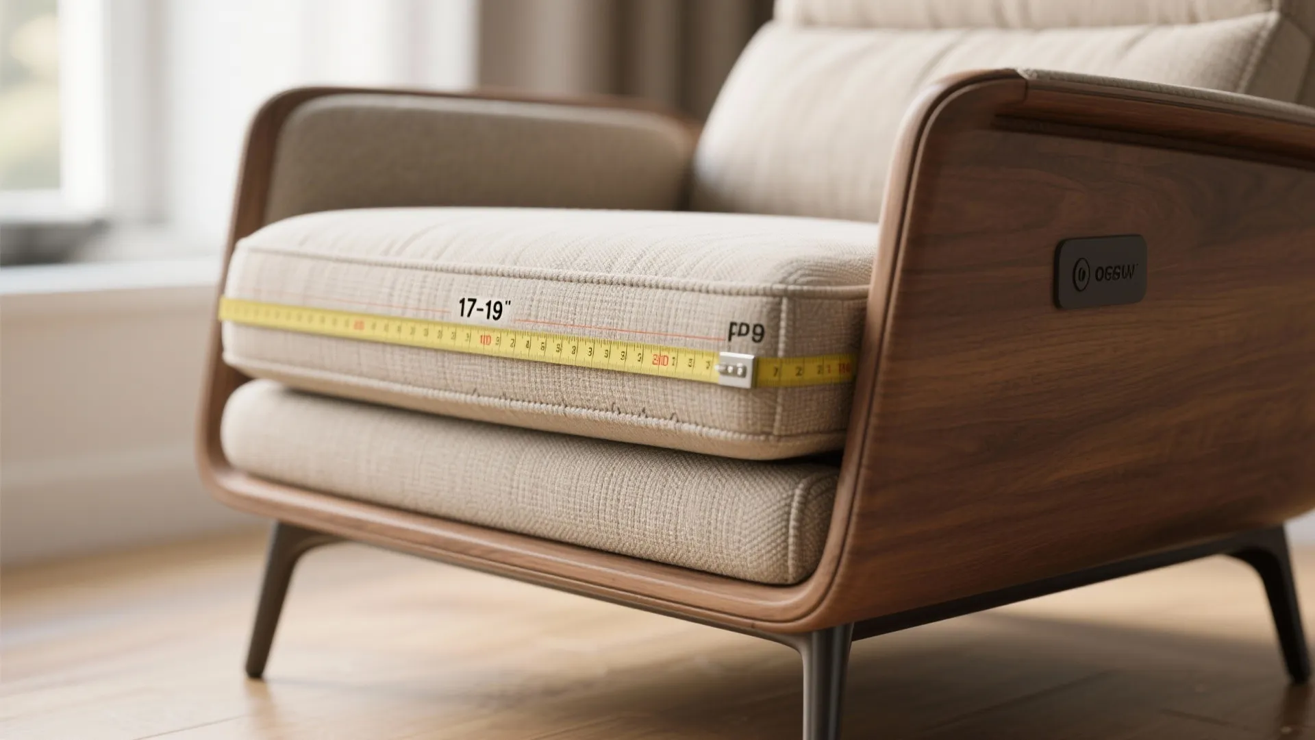 Close up of a wooden armchair seat being measured with a yellow tape measure tool