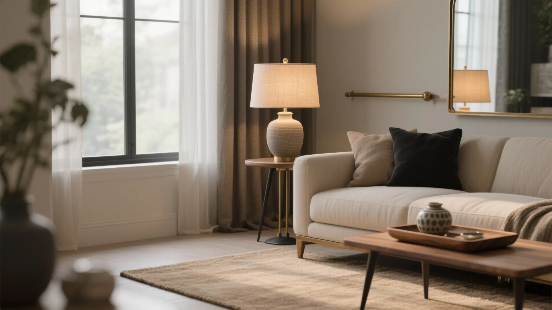 Beige sofa with pillows next to a side table lamp and a wooden coffee table