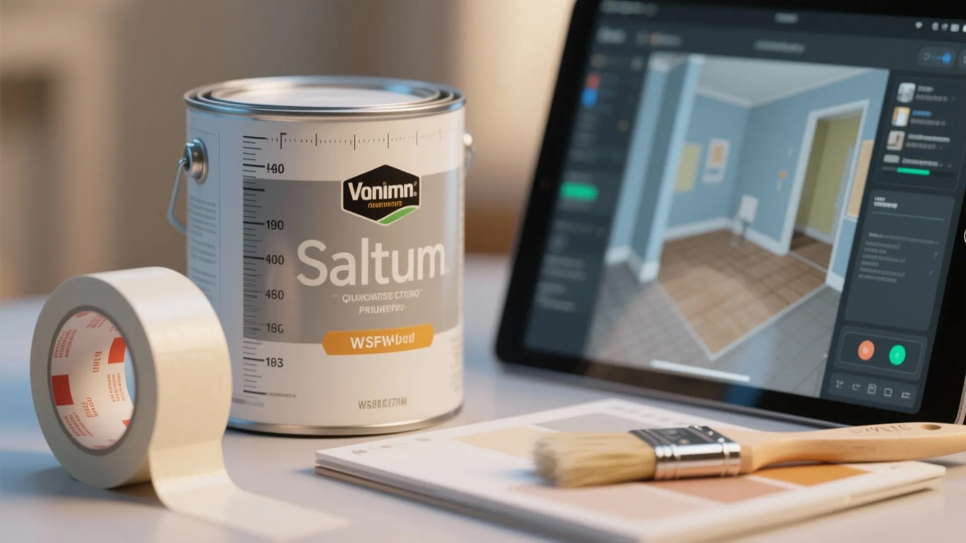Macro view of paint can, tape, brush, and a tablet showing a floor planner for painting FAQs.