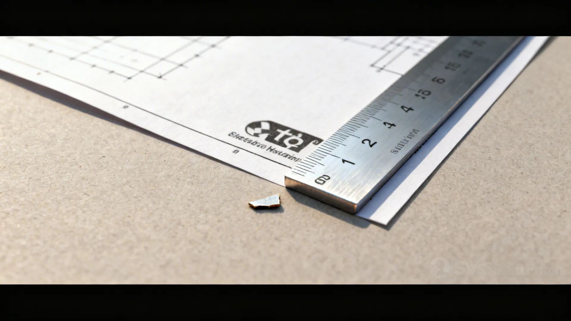 Macro of a scale ruler on a drawing sheet with a neutral material chip in soft light.
