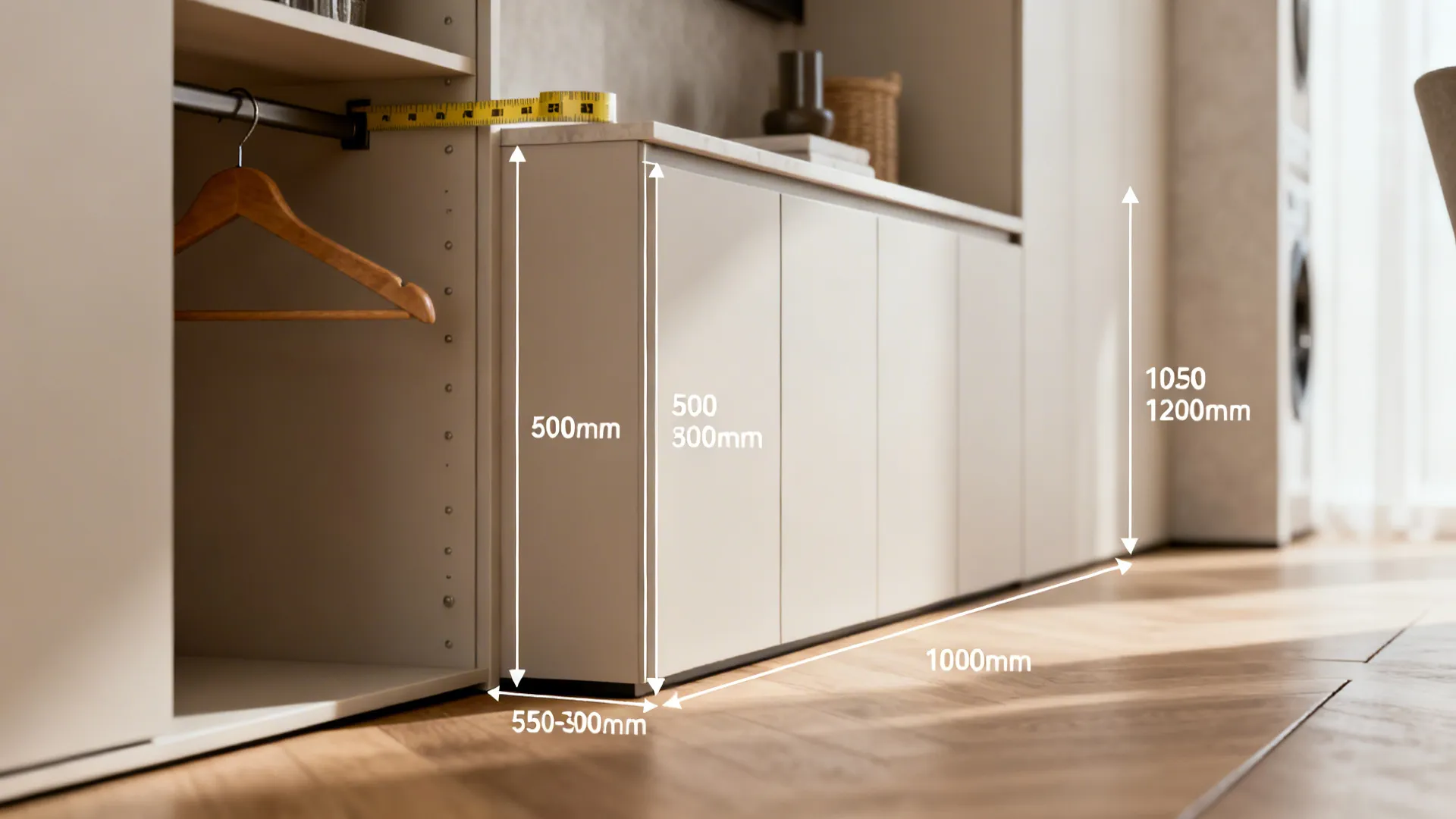Macro cues for wardrobe depth, counter height, cabinet reach, and aisle width.
