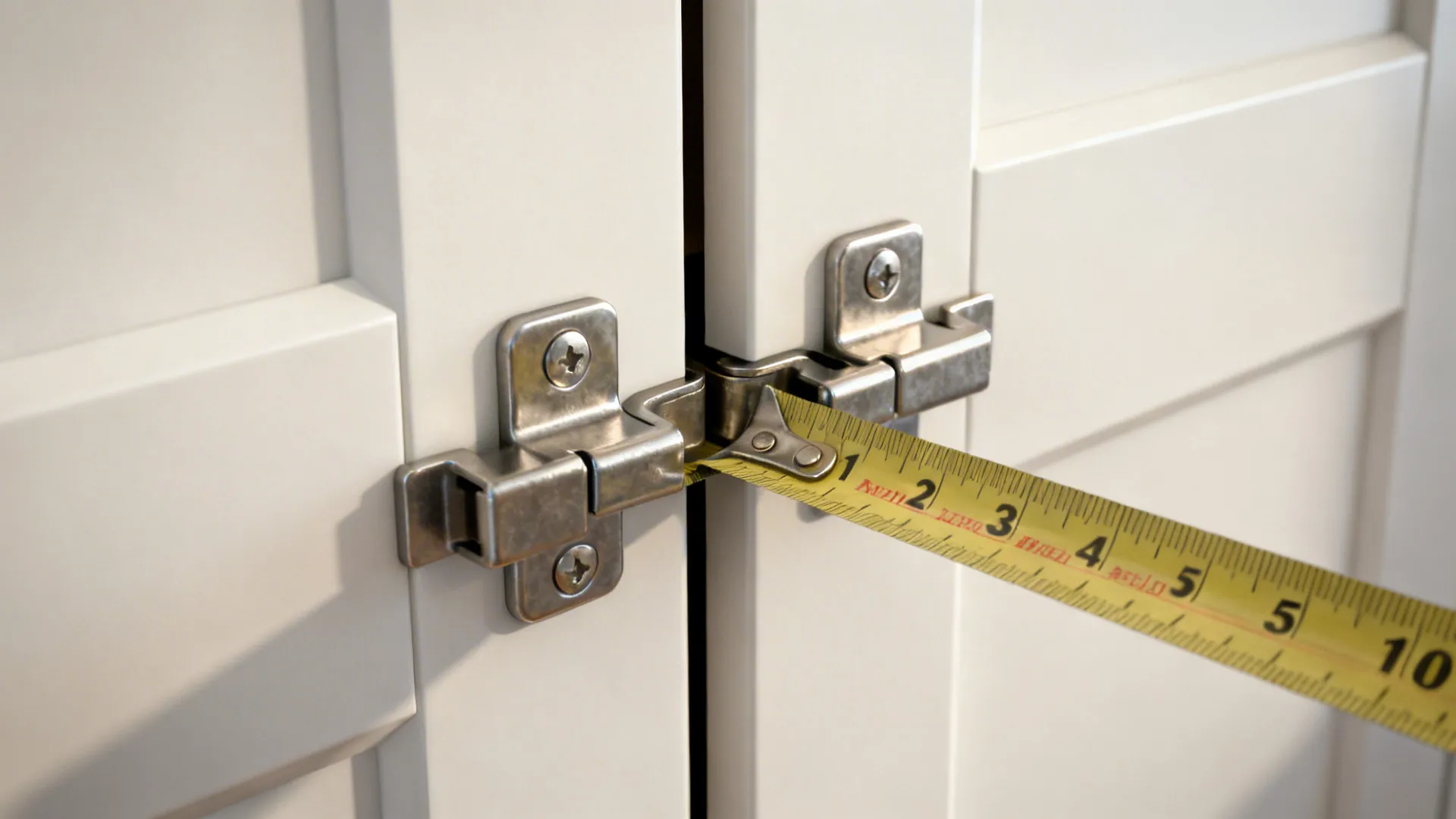 Macro of cabinet hinge and door gap with a measuring tape indicating precise clearances.