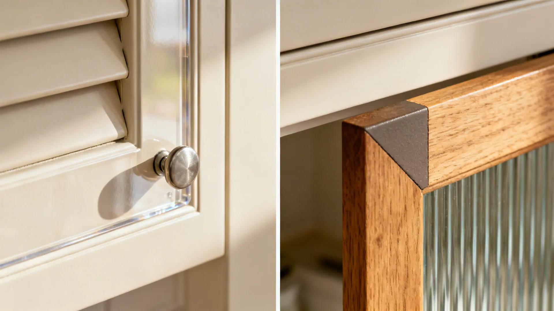 Macro collage of matte lacquer, glossy acrylic with push latch, fluted glass, oak shaker corner, and two-tone seam.