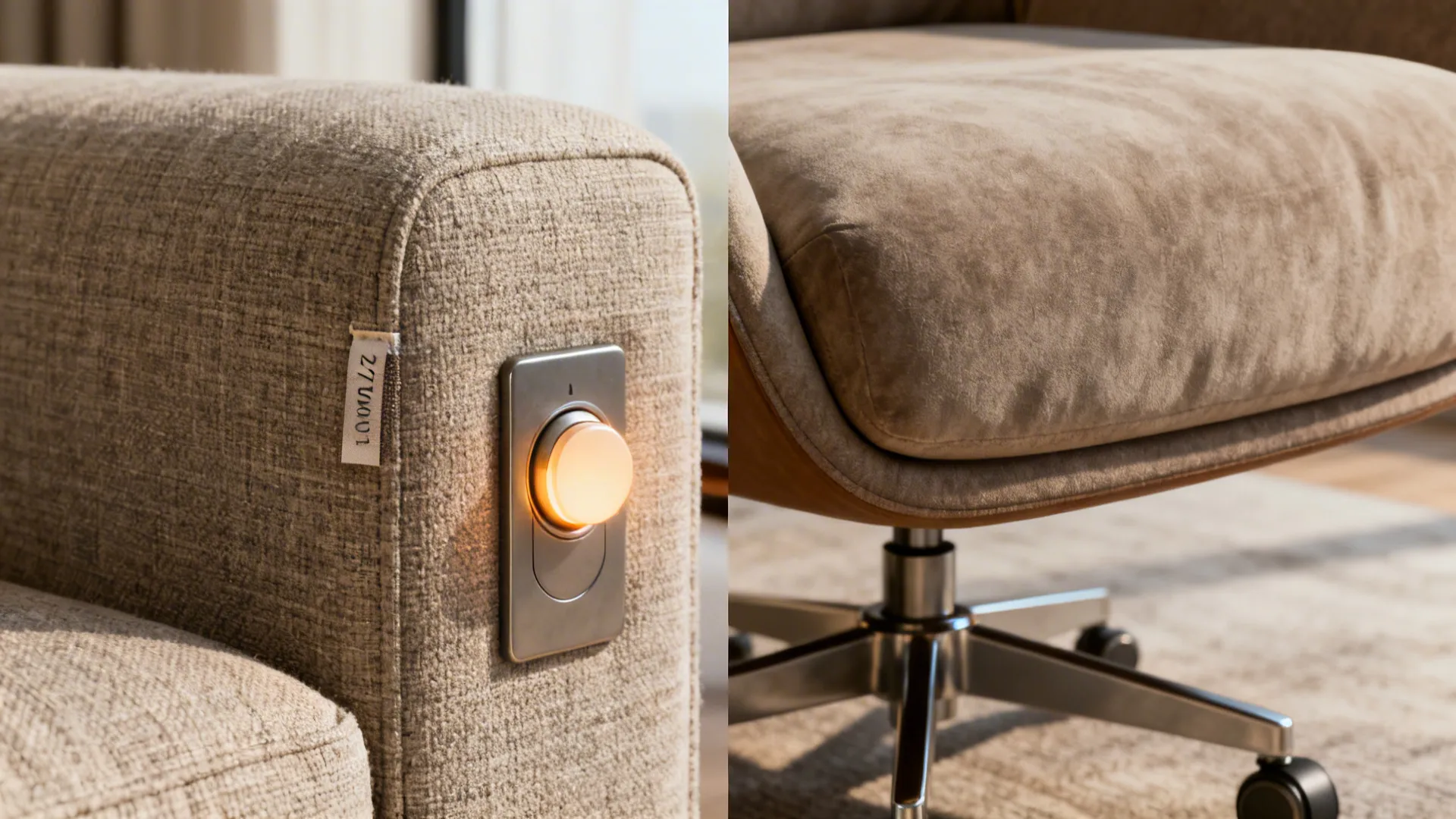 Macro details showing TV concealment edge, performance fabric, cushion depths, dimmer glow, and swivel base.