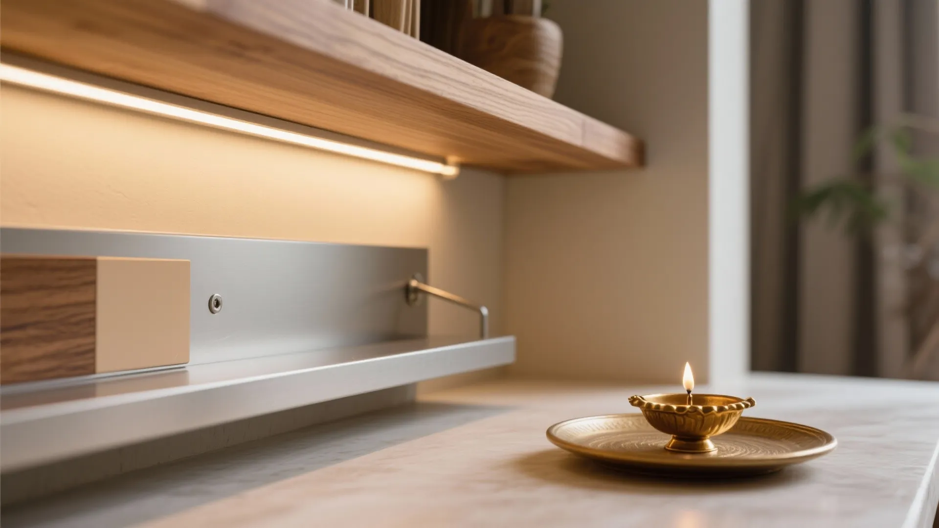 Close up of wooden shelf with light strip and small gold oil lamp on white table