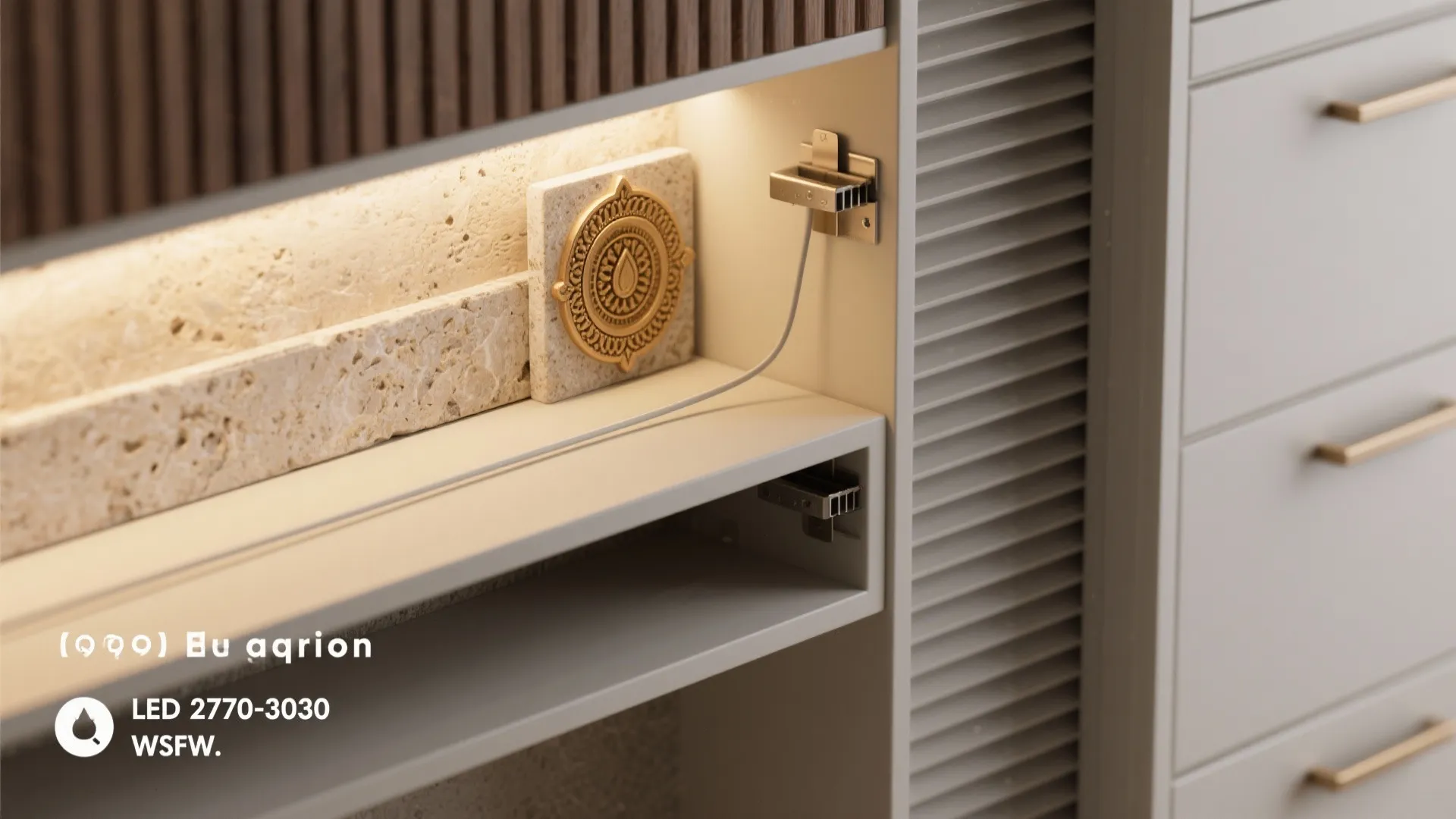Close up of a built in cabinet with led light fixture and gold decorative element detail