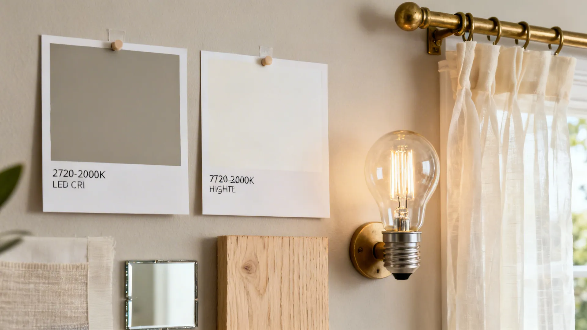Mood board with paint color samples wood block light fixture and white curtain in sunlight