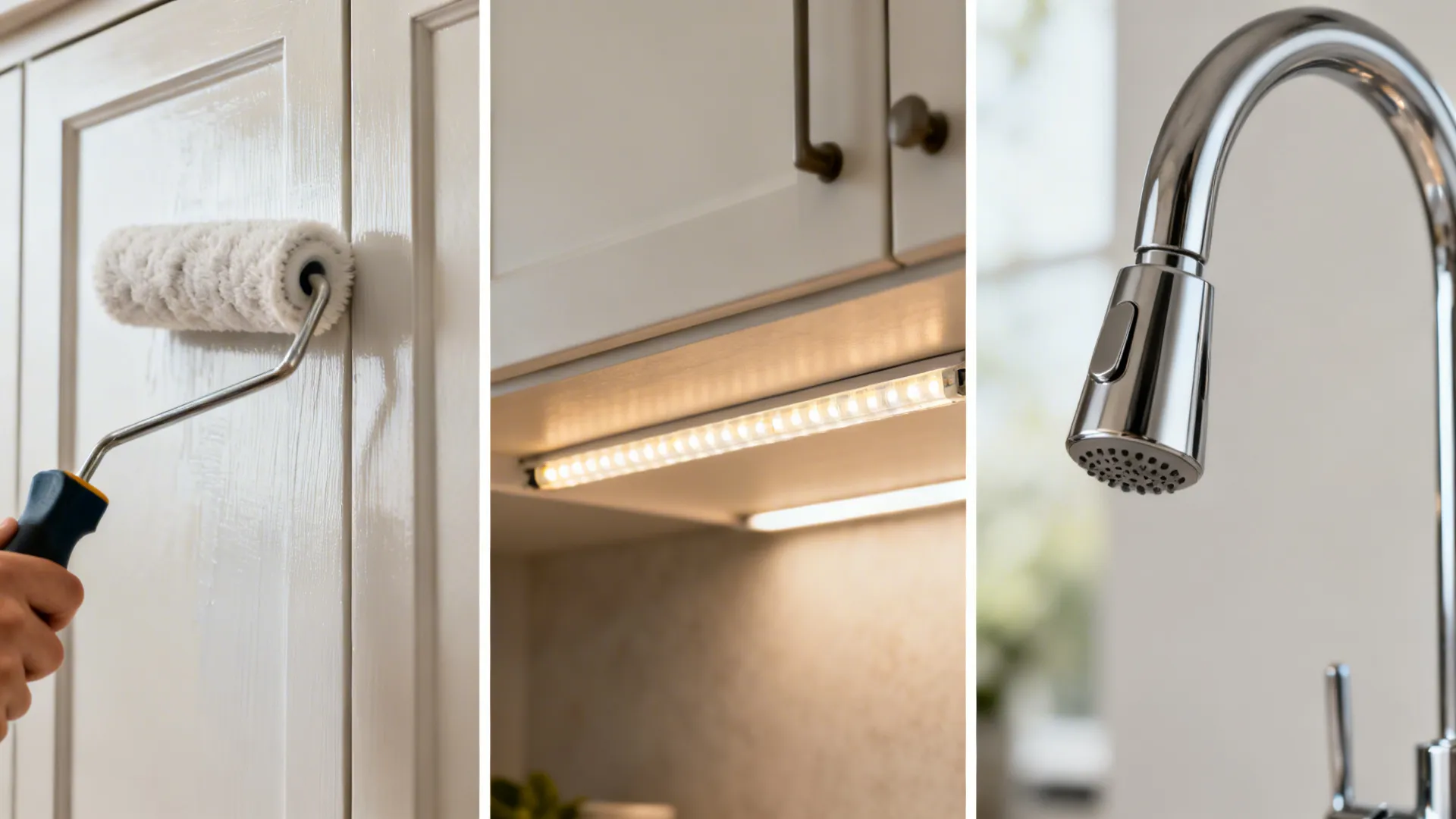 Macro details of cabinet painting, LED strip lighting, and a pull-down faucet.