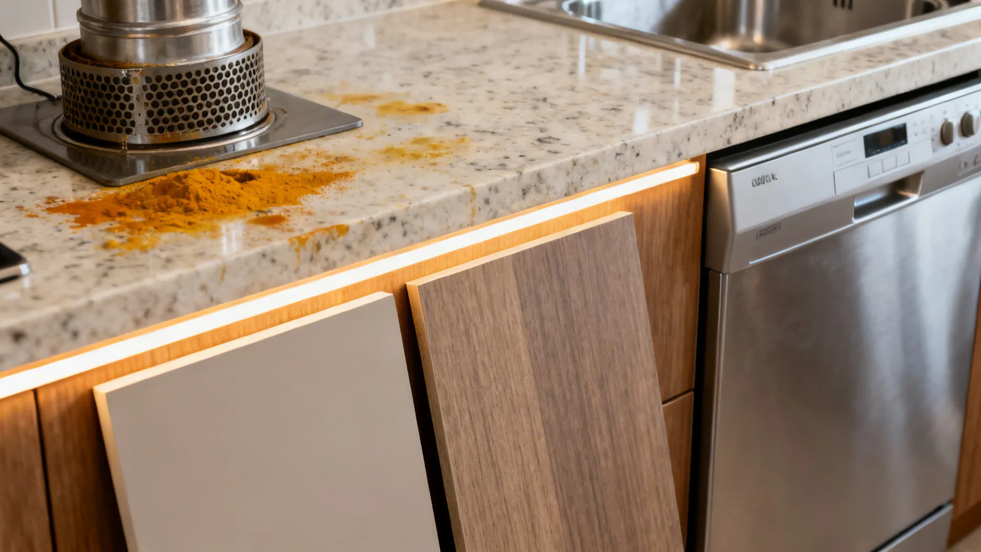 Close up of white stone countertop with spilled yellow spice next to cabinet door material samples
