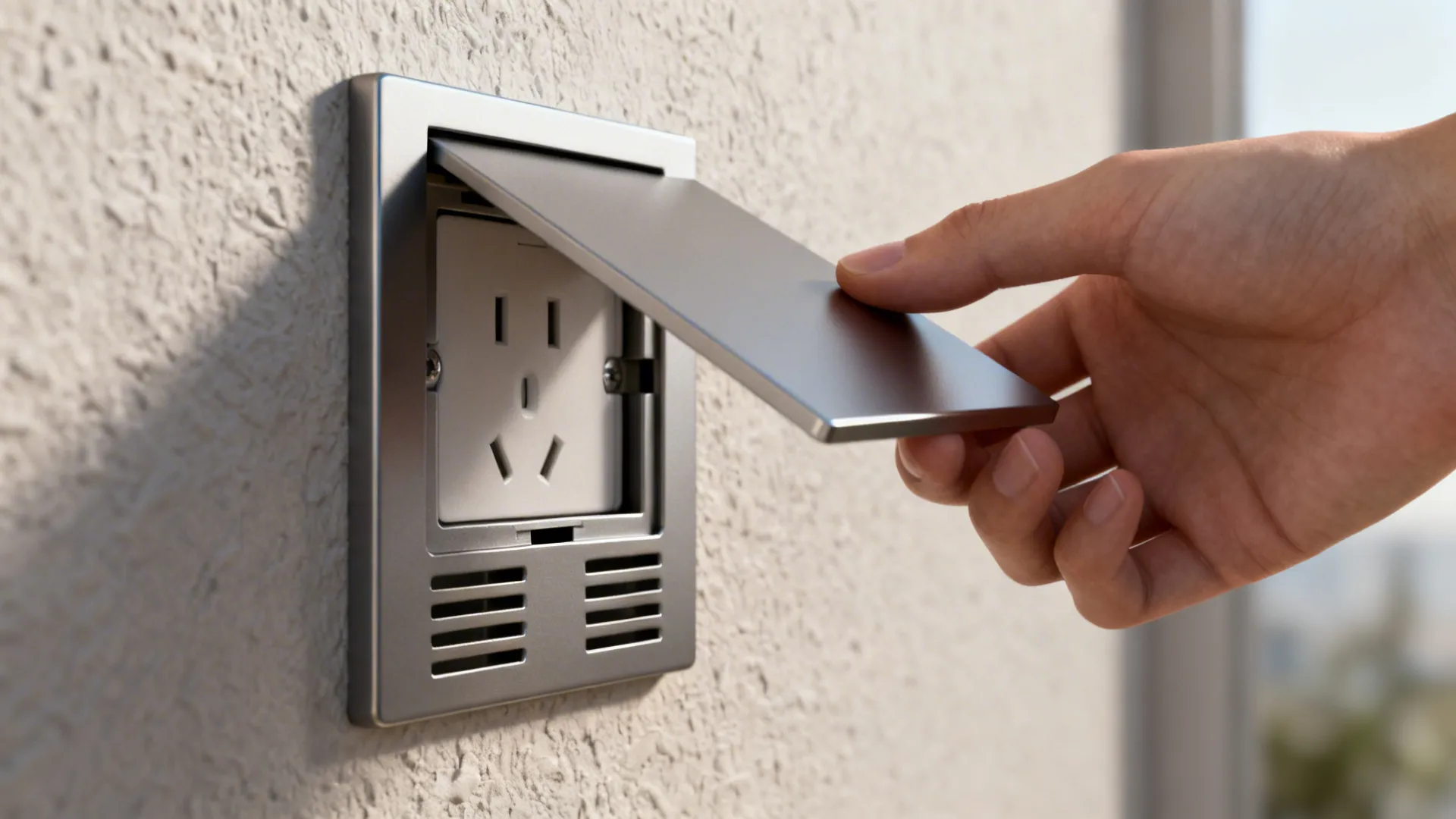 Hand lifting a magnetic panel from an outlet to show ventilation and easy access.
