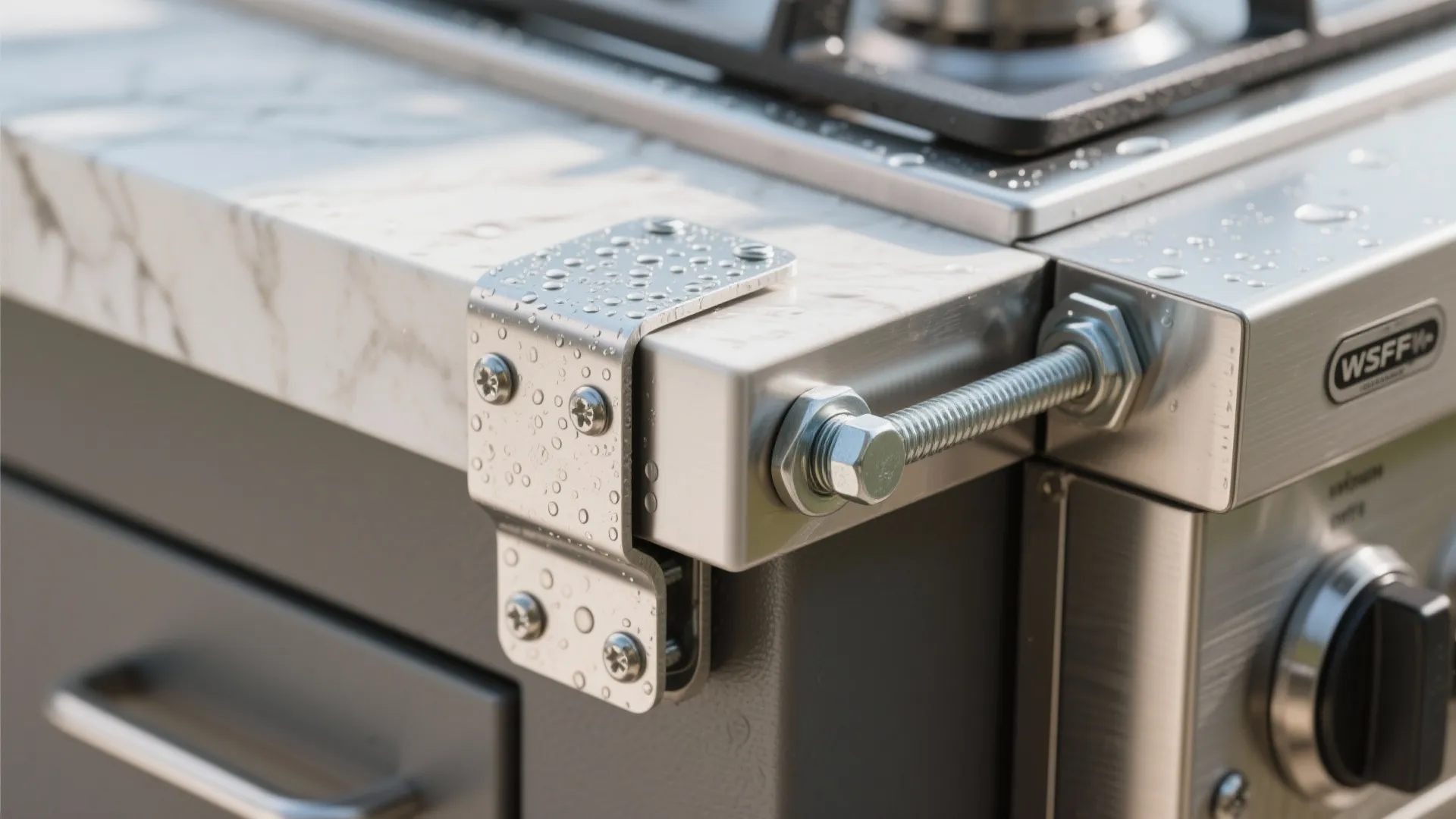 Macro detail of stainless fasteners, sealed countertop edge and hurricane strap bolt for outdoor kitchen maintenance