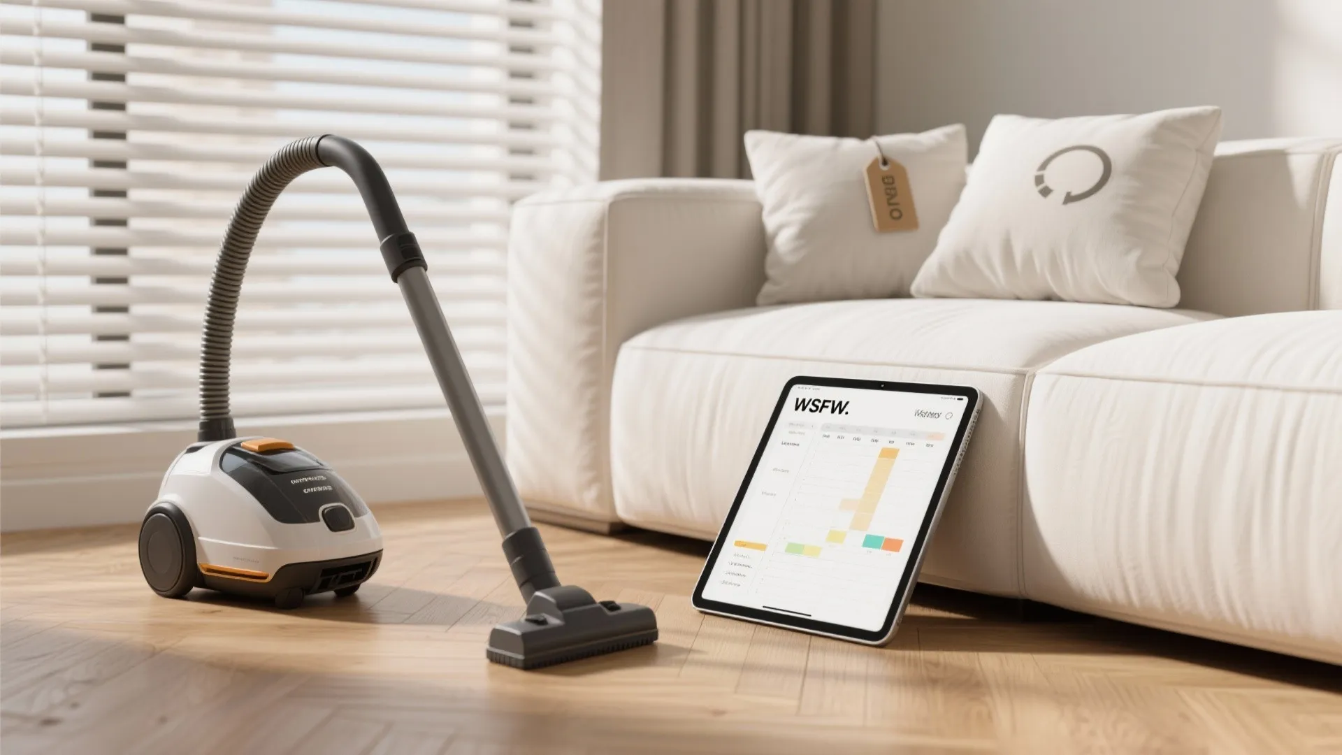 Vacuum cleaner on wooden floor next to white sofa with digital tablet showing maintenance schedule
