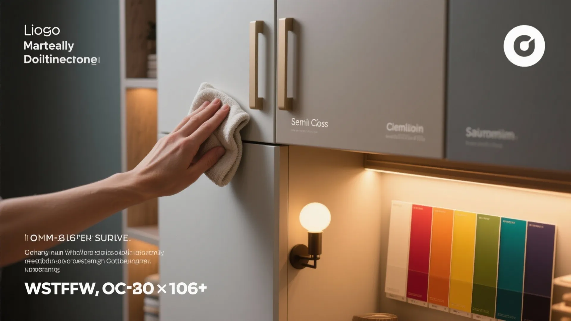 A hand wiping a grey kitchen cabinet with a soft cloth near a wall light