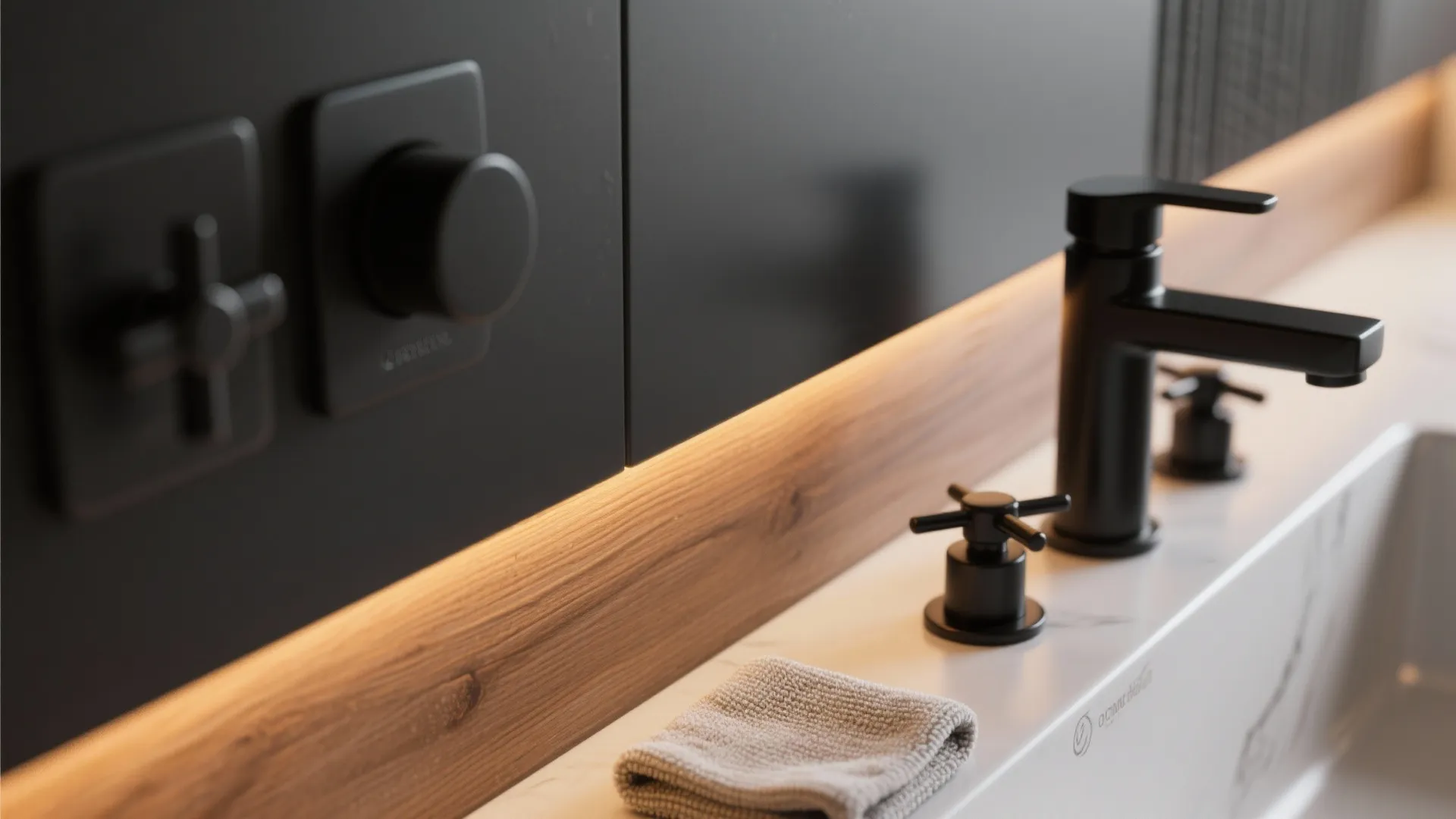 Modern black faucet and sink knobs on white marble counter with wood and black wall