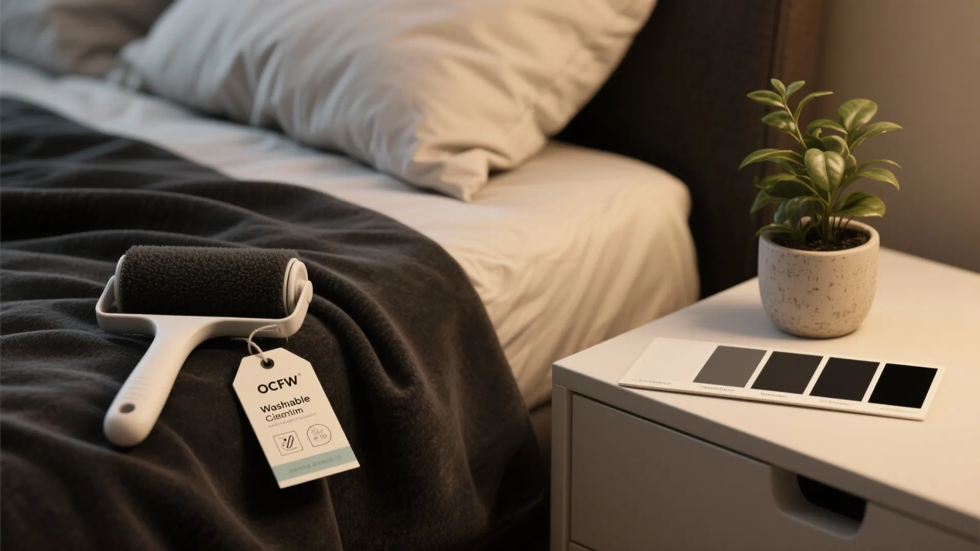 Close up of sticky lint roller on bed blanket with white bedside table and small plant