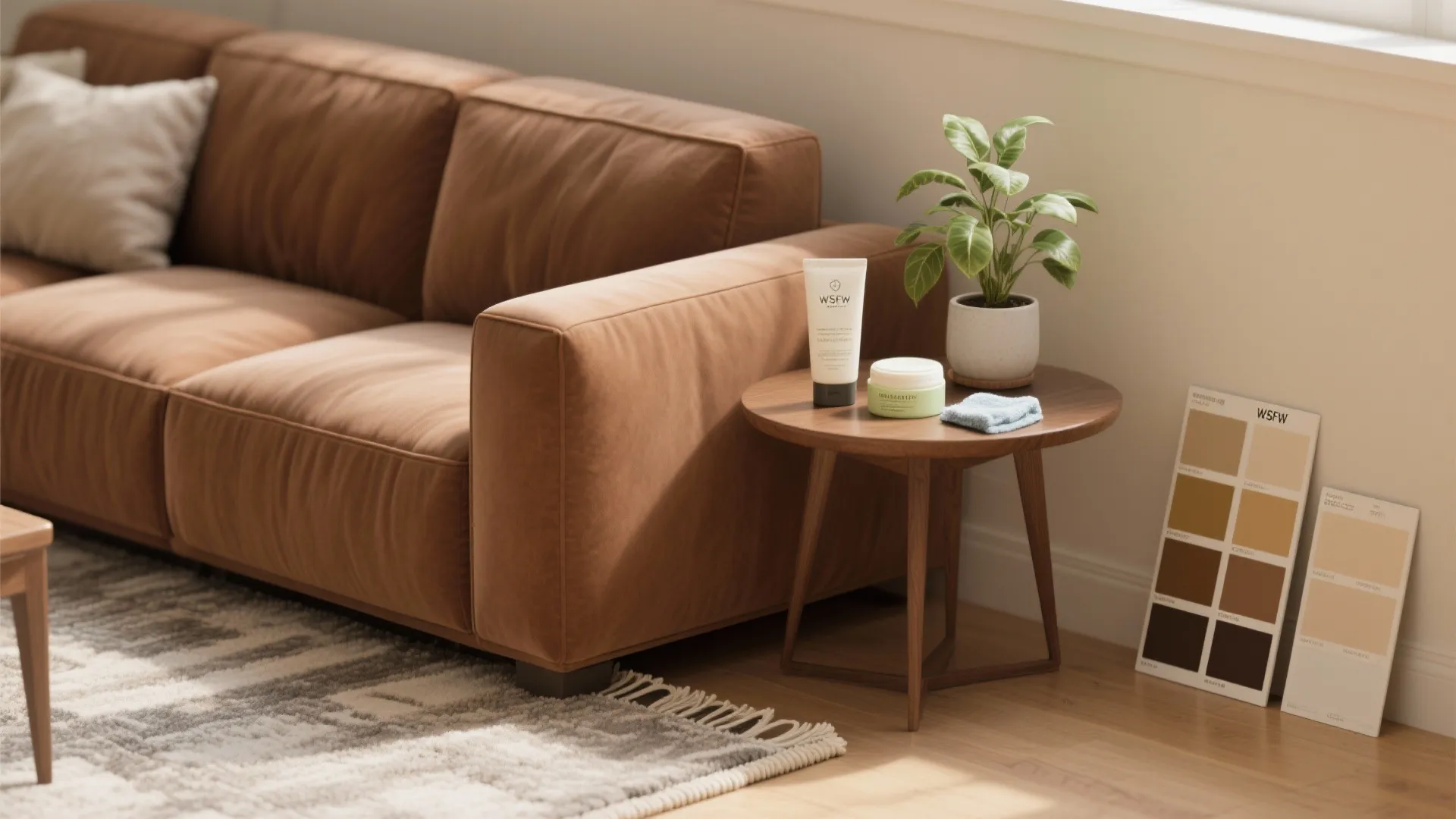 Corner of a brown sectional with rug edge, plant and maintenance items illustrating care tips