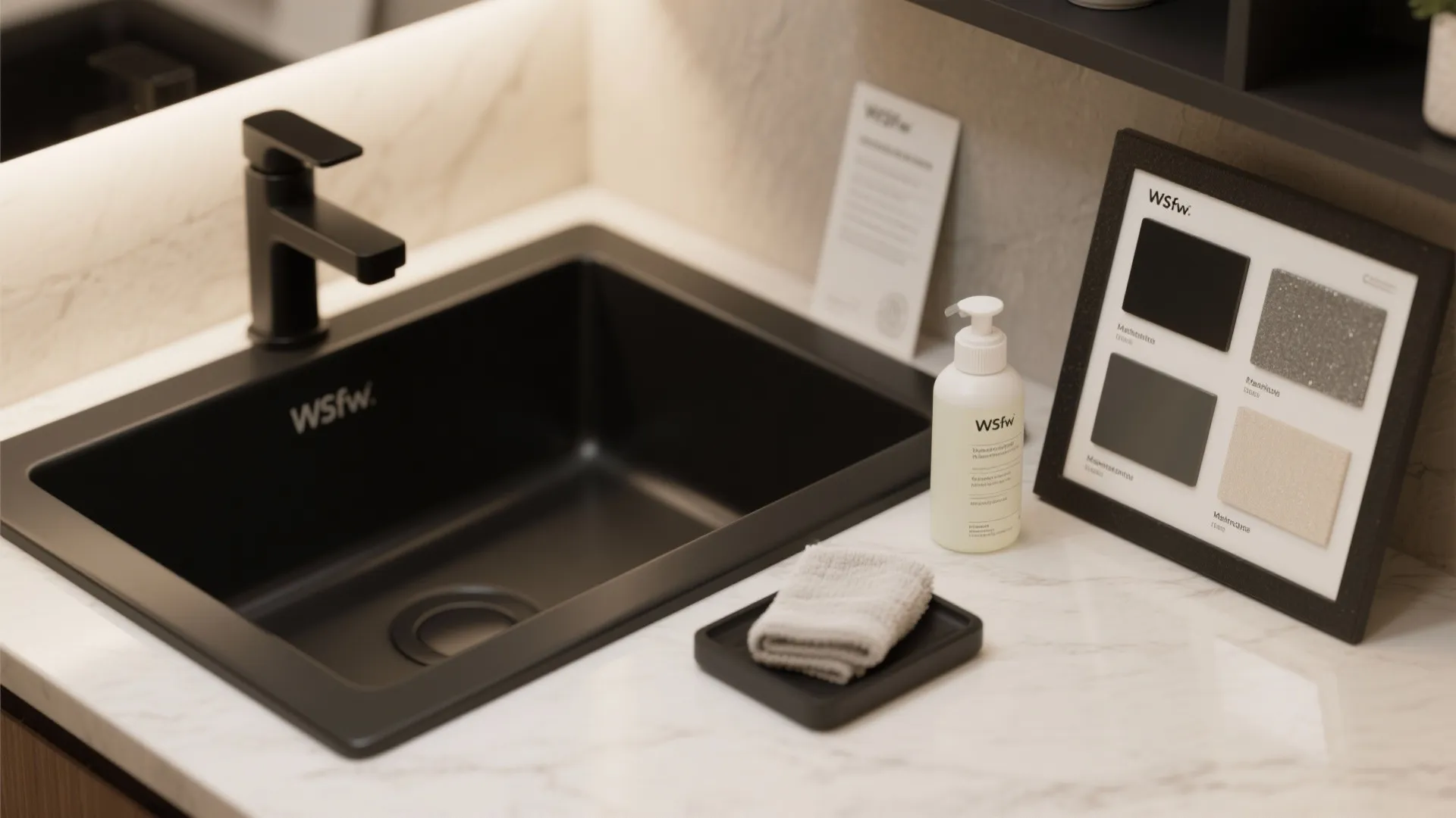 Black bathroom sink with black water tap next to color samples and white soap bottle