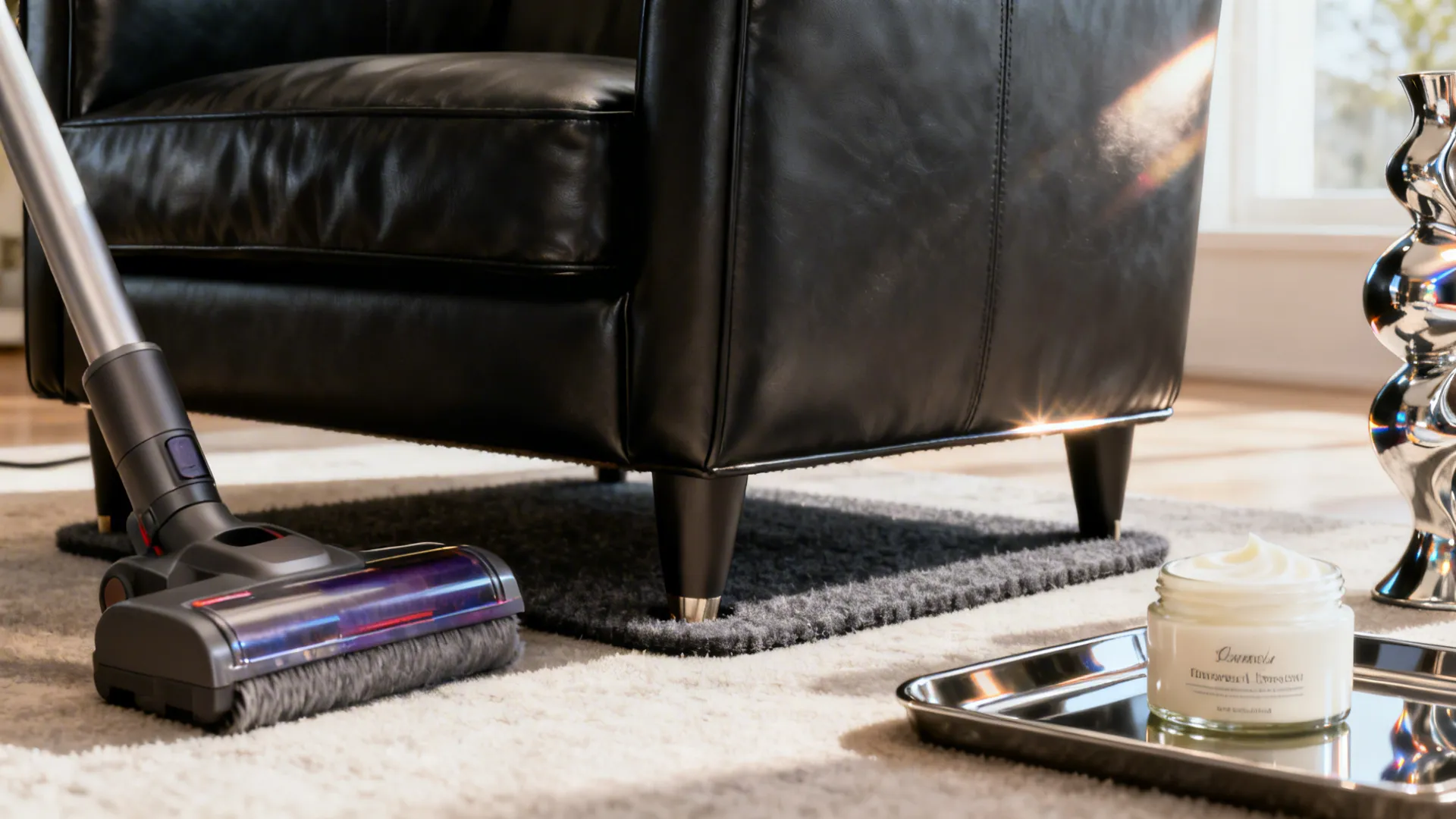 Collage showing leather care tools, felt pads, and pet protection details for black chairs