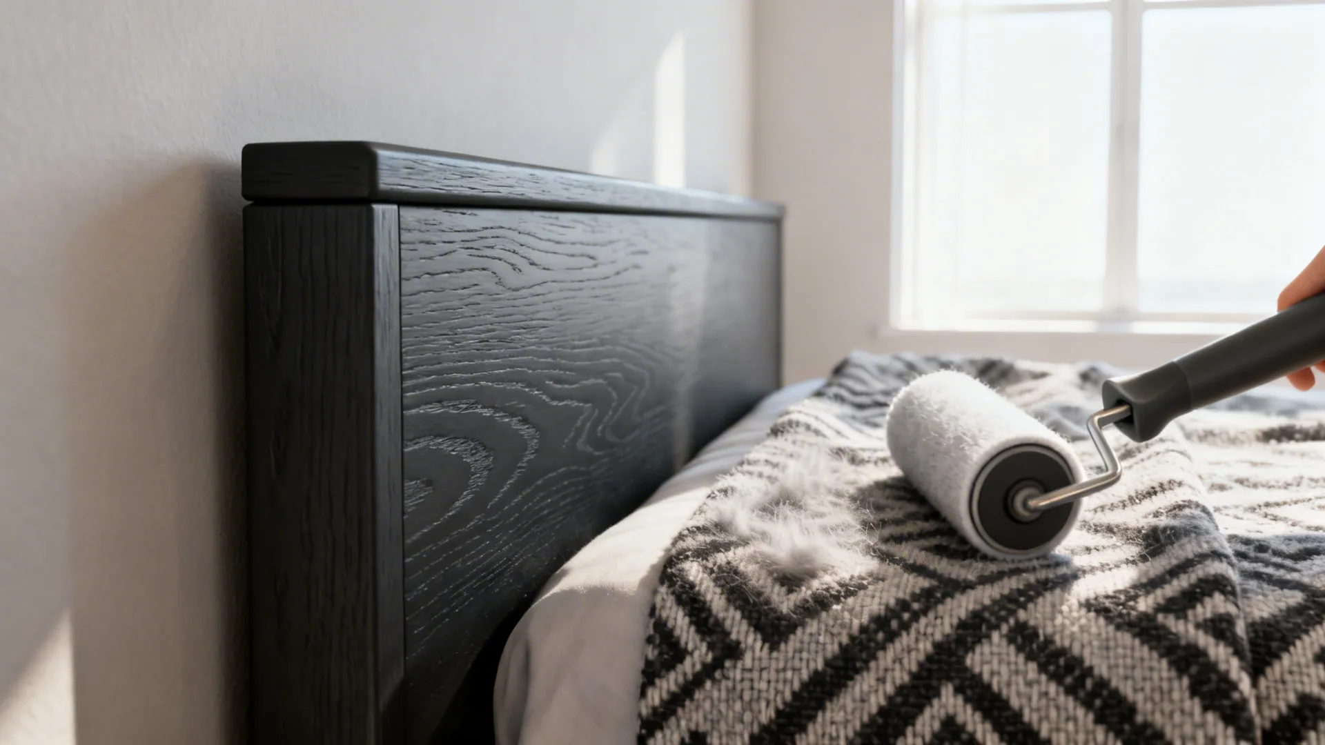 Close-up of charcoal fabric headboard weave with lint roller and patterned throw.
