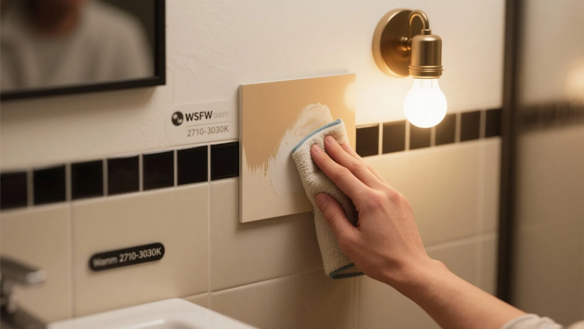 Close-up of sealed black grout, beige satin paint sample and a microfiber cloth for cleaning.