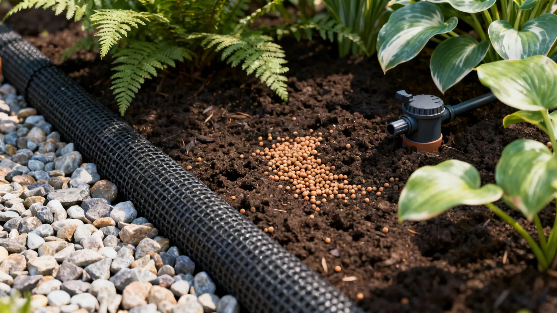 Macro collage showing geotextile edging, potting mix, pump filter and shade plant leaves for maintenance tips.