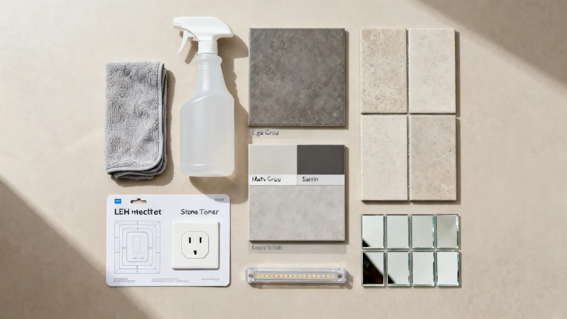 Cleaning spray bottle with grey cloth, stone tiles, wall outlet and small mirror tile samples